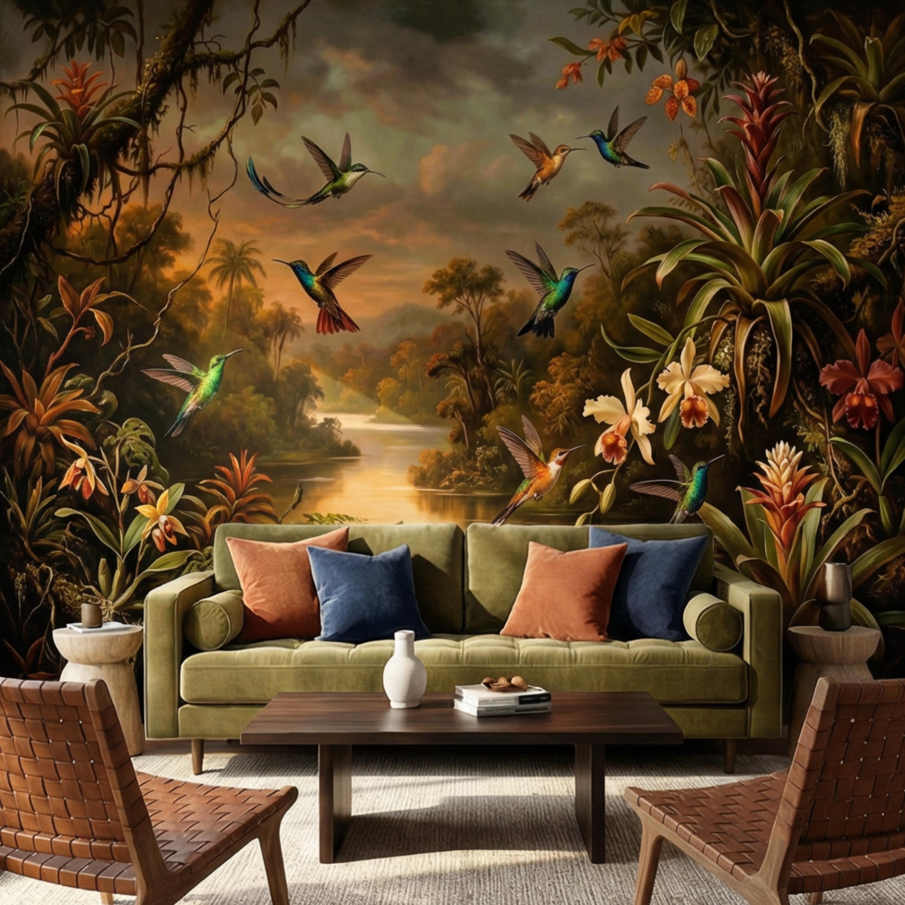 Tropical Hummingbird Jungle Peel and Stick Wall Mural, Dark Botanical Rainforest Landscape with Orchids, Moody Exotic Nature Wallpaper