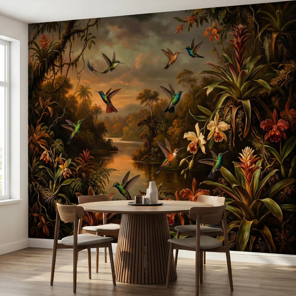 Tropical Hummingbird Jungle Peel and Stick Wall Mural, Dark Botanical Rainforest Landscape with Orchids, Moody Exotic Nature Wallpaper
