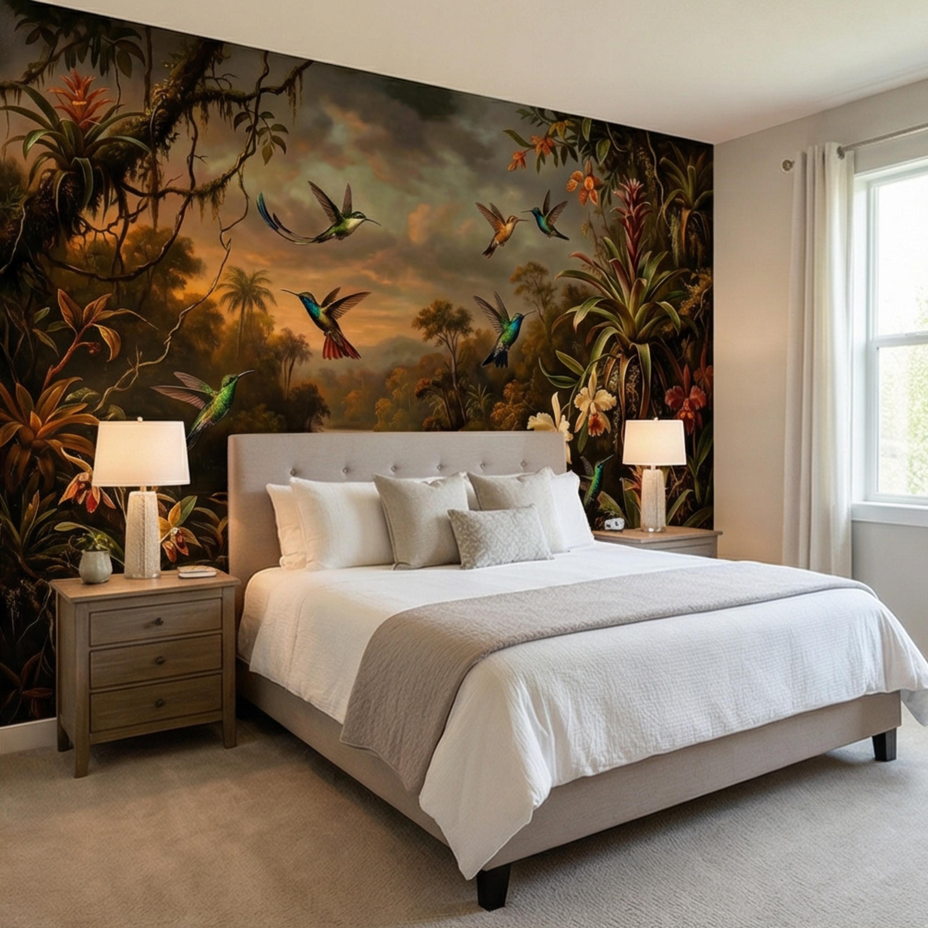 Tropical Hummingbird Jungle Peel and Stick Wall Mural, Dark Botanical Rainforest Landscape with Orchids, Moody Exotic Nature Wallpaper