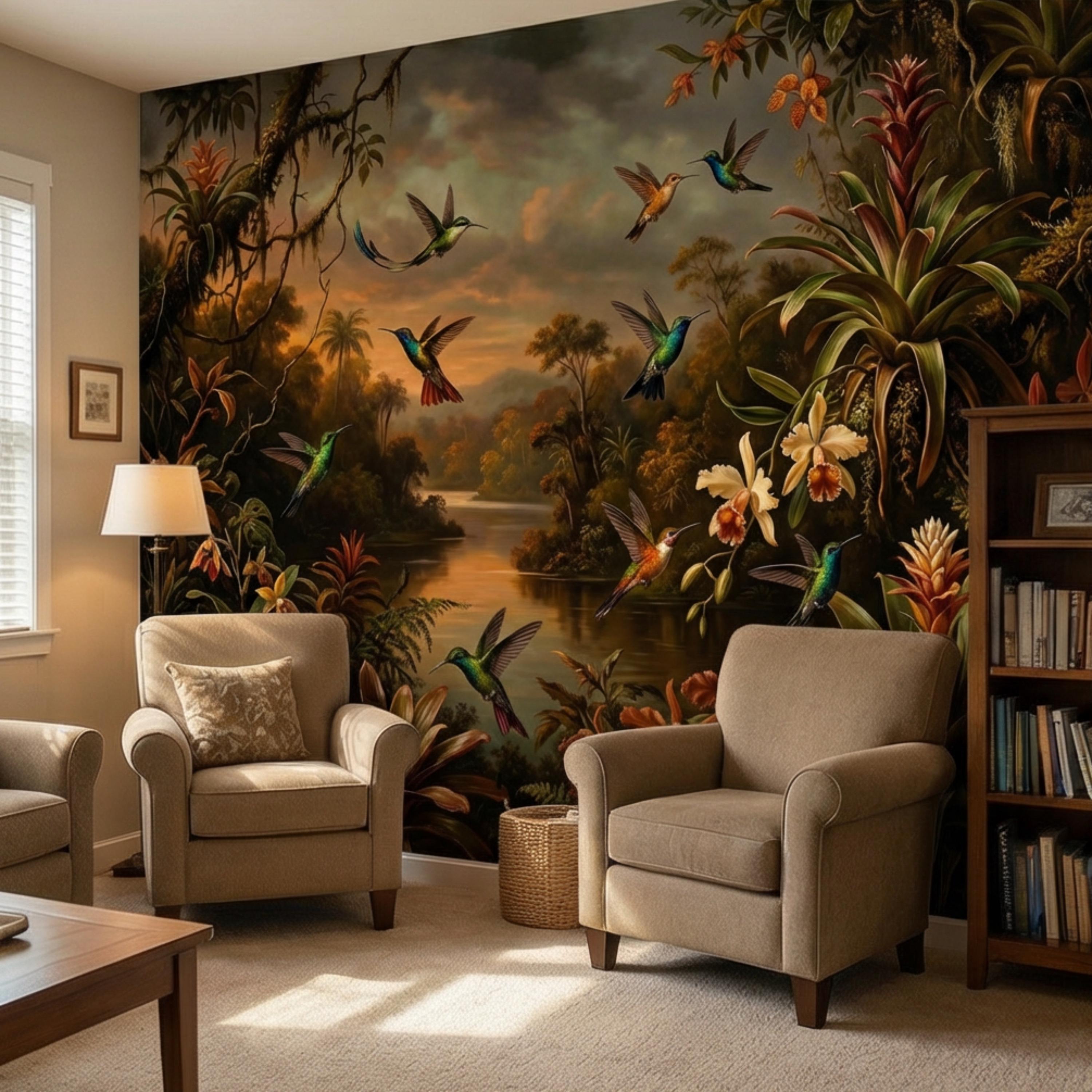 Tropical Hummingbird Jungle Peel and Stick Wall Mural, Dark Botanical Rainforest Landscape with Orchids, Moody Exotic Nature Wallpaper