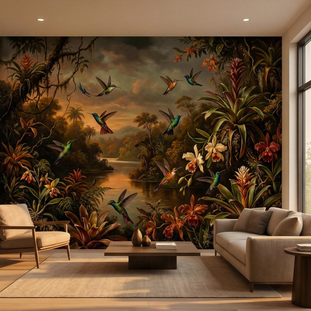 Tropical Hummingbird Jungle Peel and Stick Wall Mural, Dark Botanical Rainforest Landscape with Orchids, Moody Exotic Nature Wallpaper