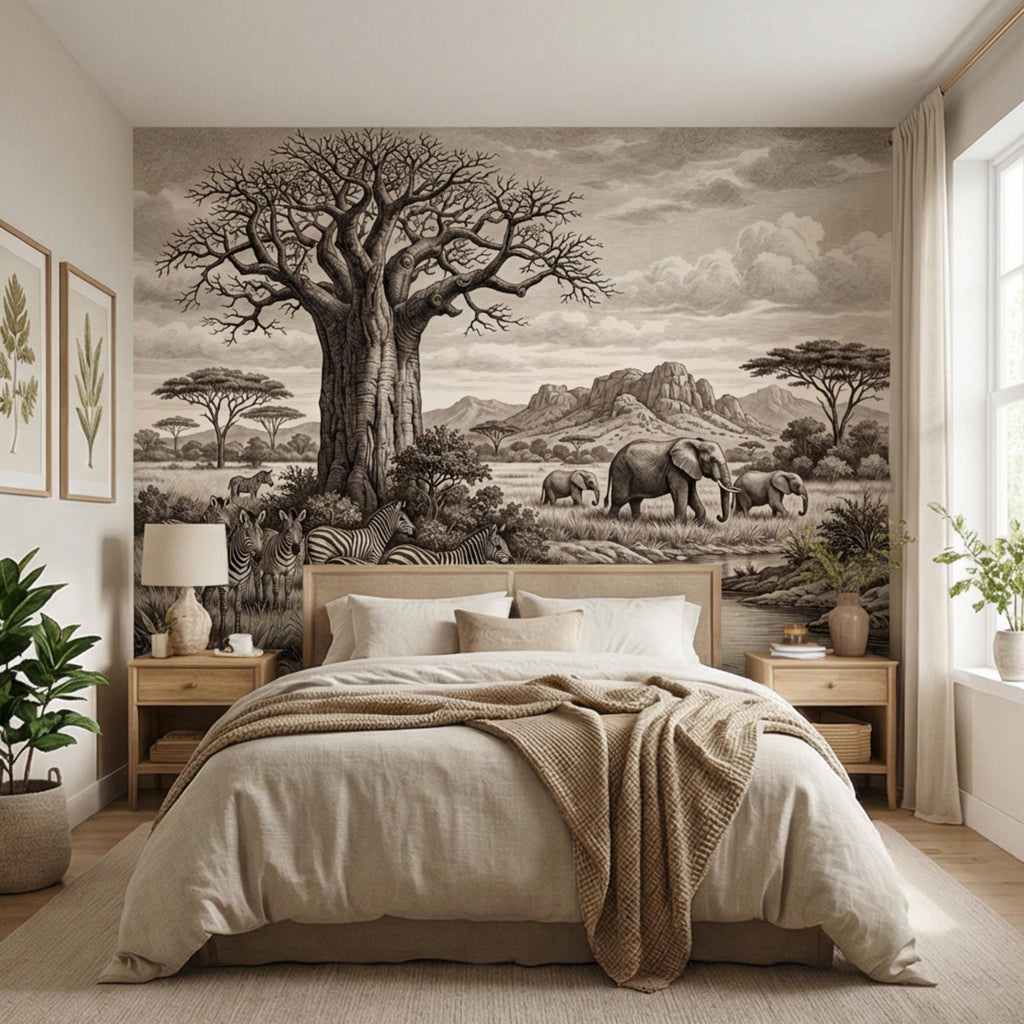 Vintage Safari Engraving Peel and Stick Wall Mural, African Savanna with Elephants and Zebras, Antique Wildlife Landscape Wallpaper