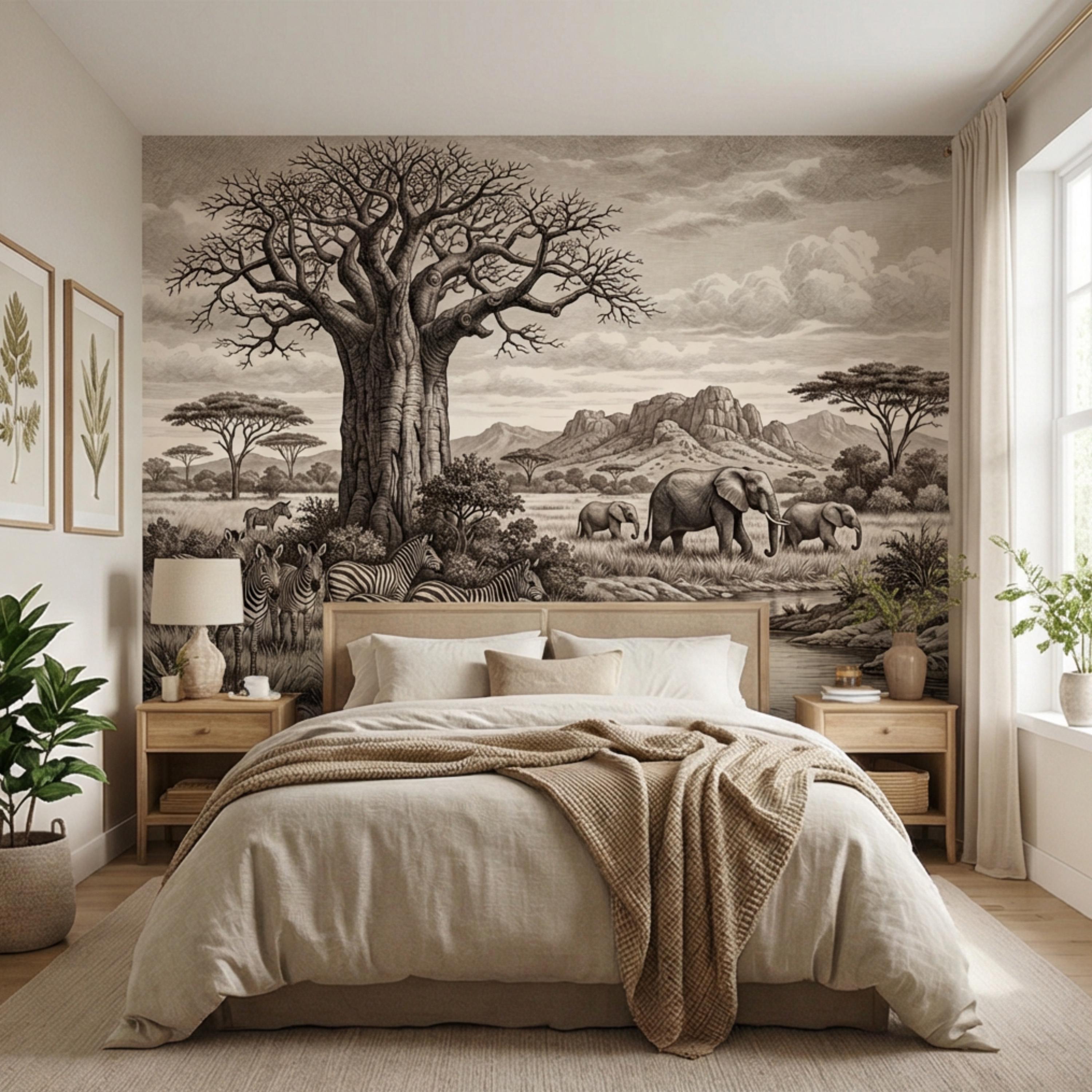 Vintage Safari Engraving Peel and Stick Wall Mural, African Savanna with Elephants and Zebras, Antique Wildlife Landscape Wallpaper
