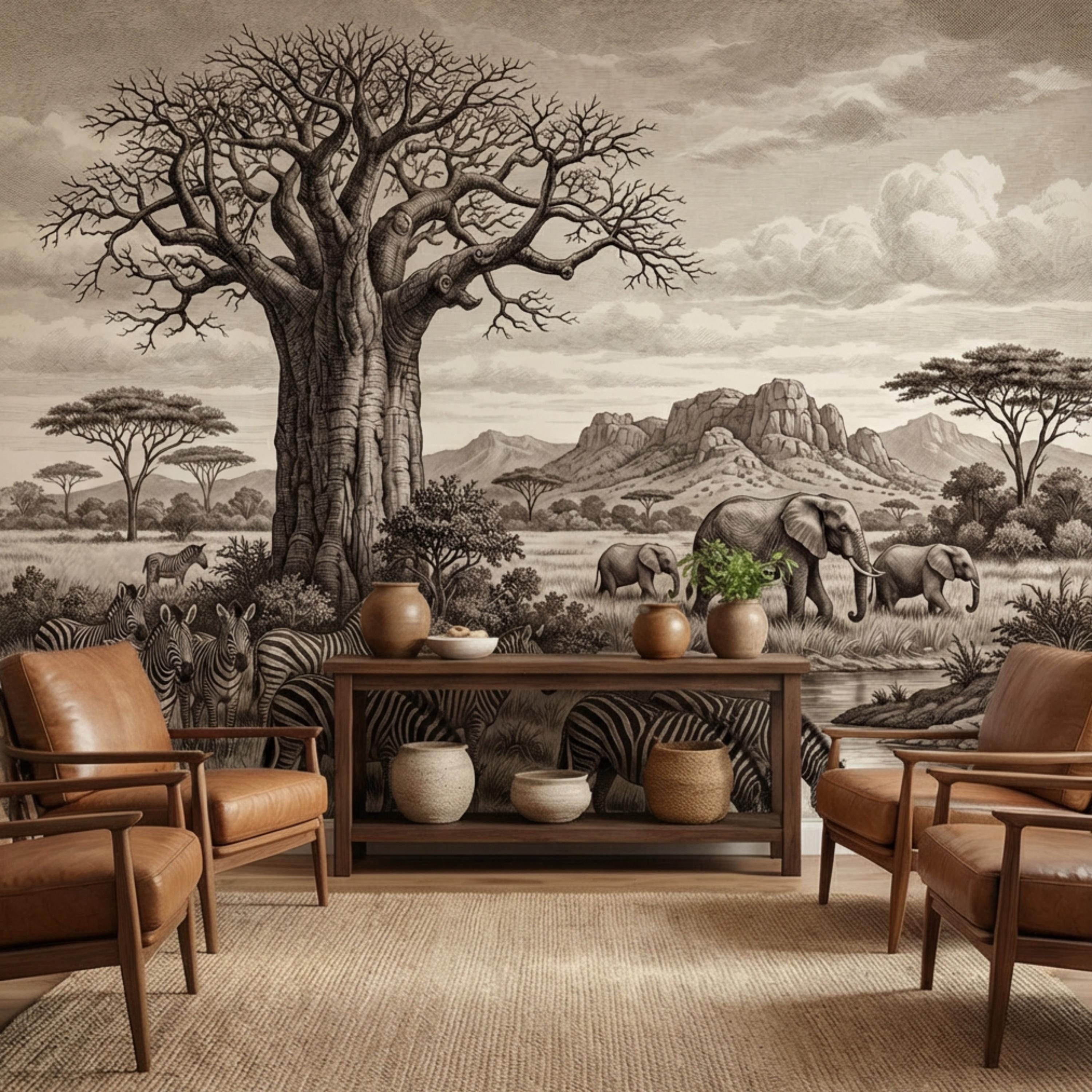Vintage Safari Engraving Peel and Stick Wall Mural, African Savanna with Elephants and Zebras, Antique Wildlife Landscape Wallpaper