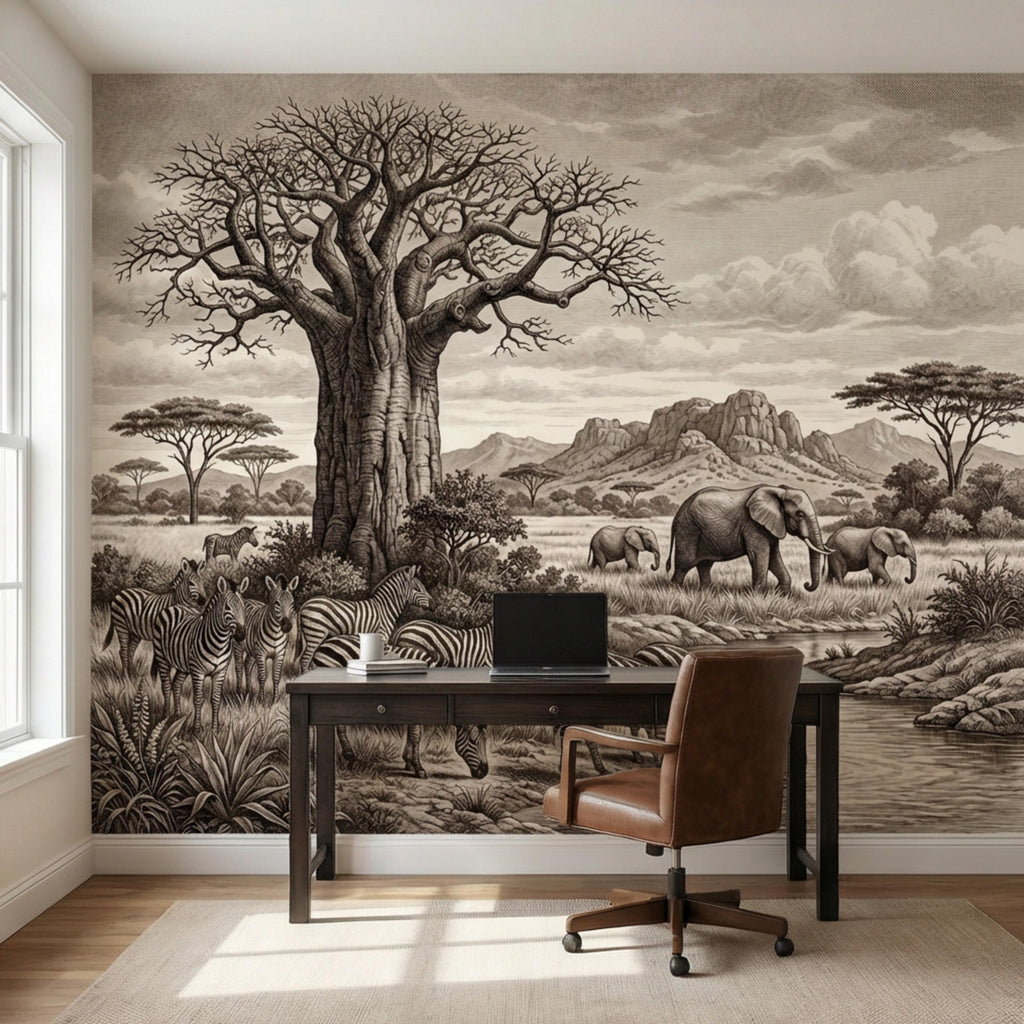 Vintage Safari Engraving Peel and Stick Wall Mural, African Savanna with Elephants and Zebras, Antique Wildlife Landscape Wallpaper