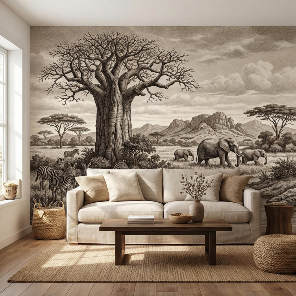 Vintage Safari Engraving Peel and Stick Wall Mural, African Savanna with Elephants and Zebras, Antique Wildlife Landscape Wallpaper