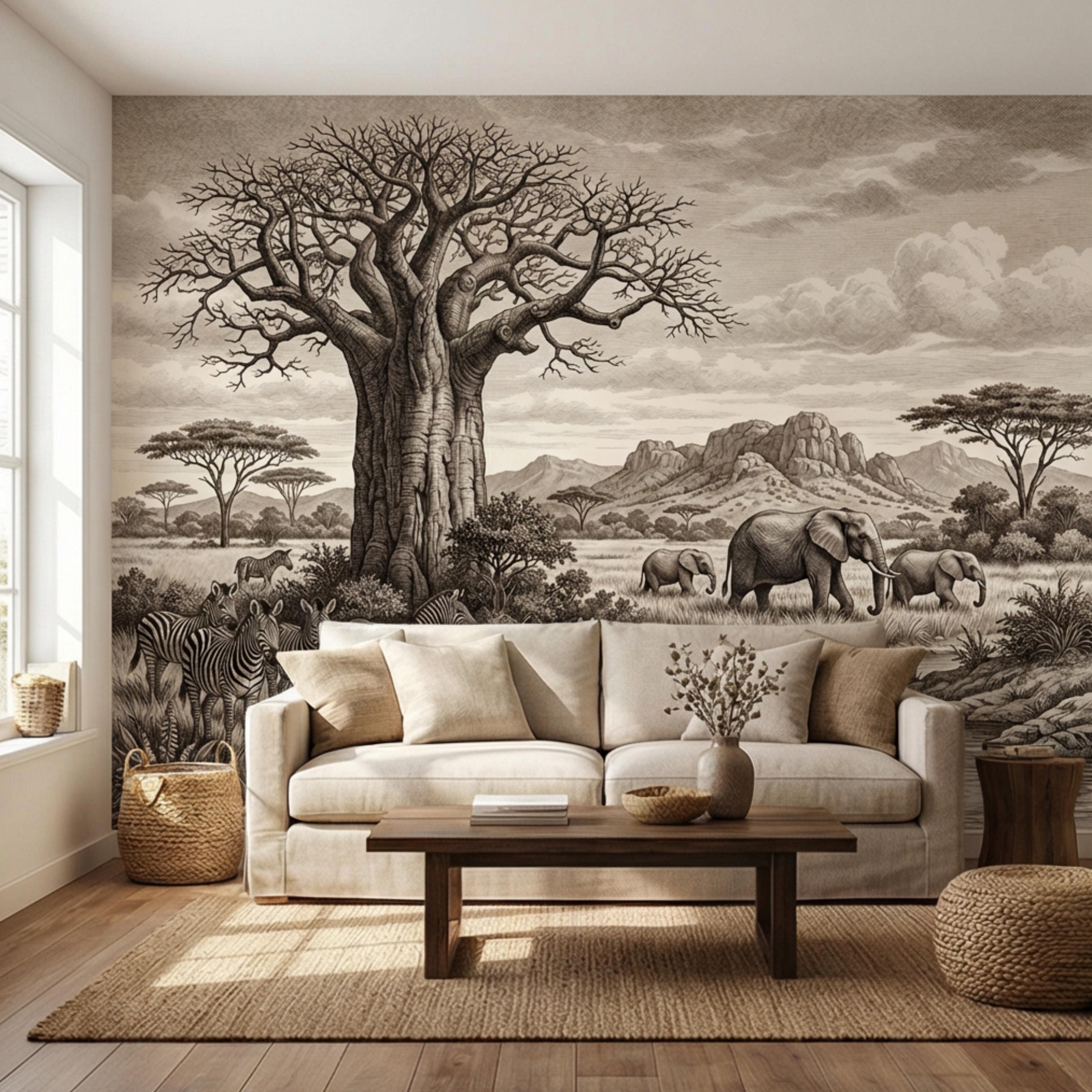 Vintage Safari Engraving Peel and Stick Wall Mural, African Savanna with Elephants and Zebras, Antique Wildlife Landscape Wallpaper