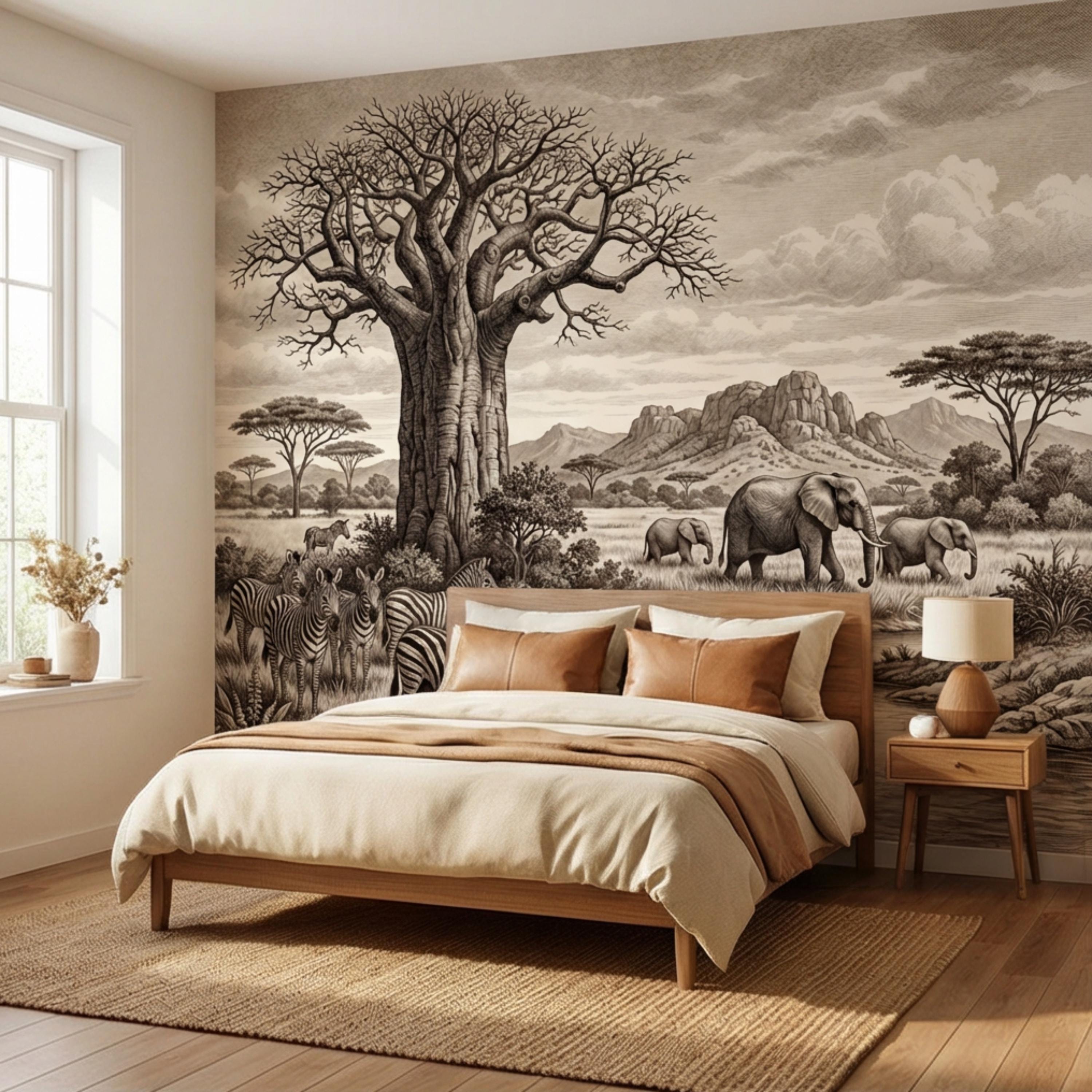 Vintage Safari Engraving Peel and Stick Wall Mural, African Savanna with Elephants and Zebras, Antique Wildlife Landscape Wallpaper