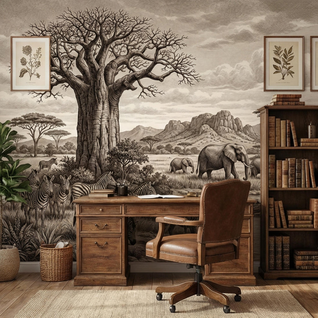 Vintage Safari Engraving Peel and Stick Wall Mural, African Savanna with Elephants and Zebras, Antique Wildlife Landscape Wallpaper