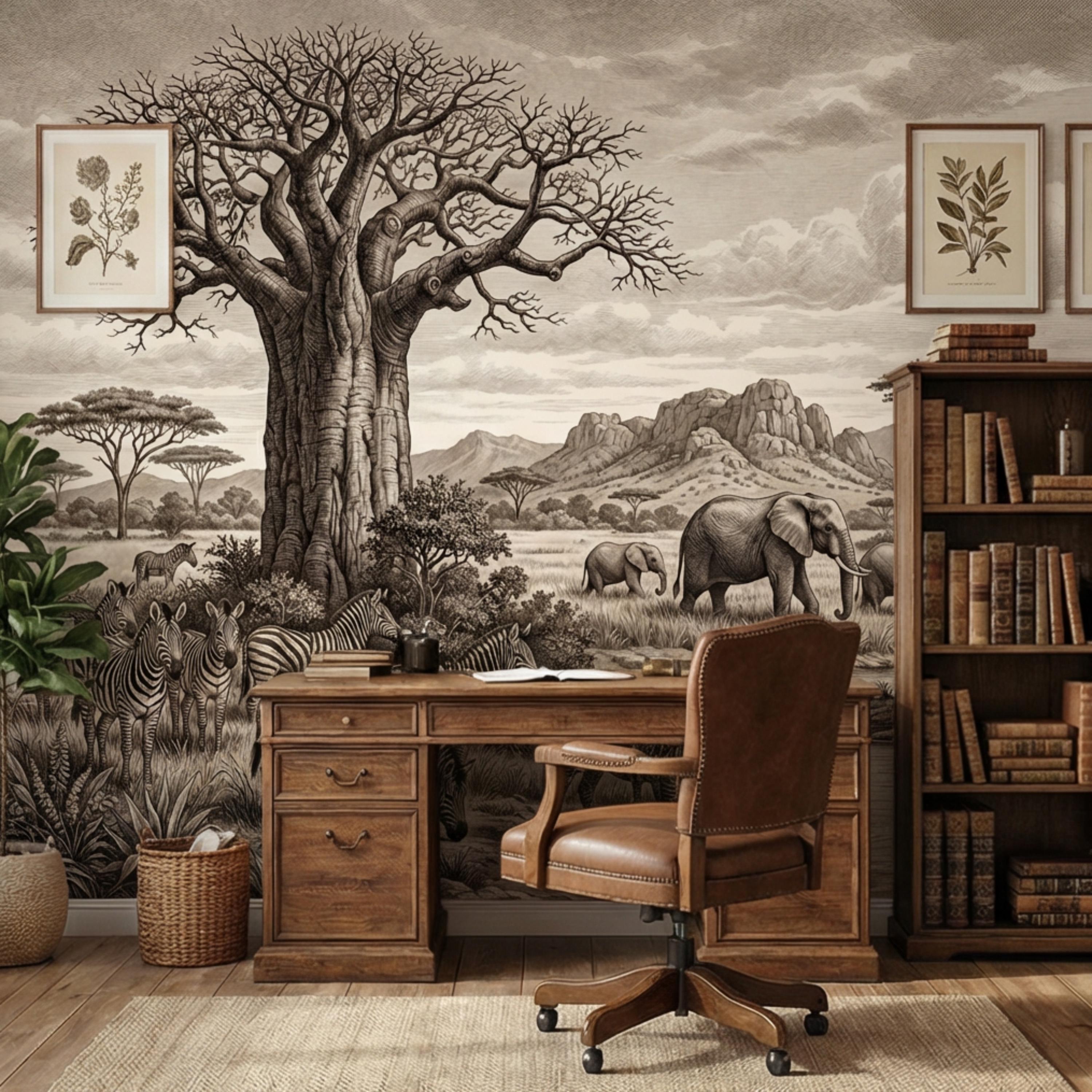 Vintage Safari Engraving Peel and Stick Wall Mural, African Savanna with Elephants and Zebras, Antique Wildlife Landscape Wallpaper