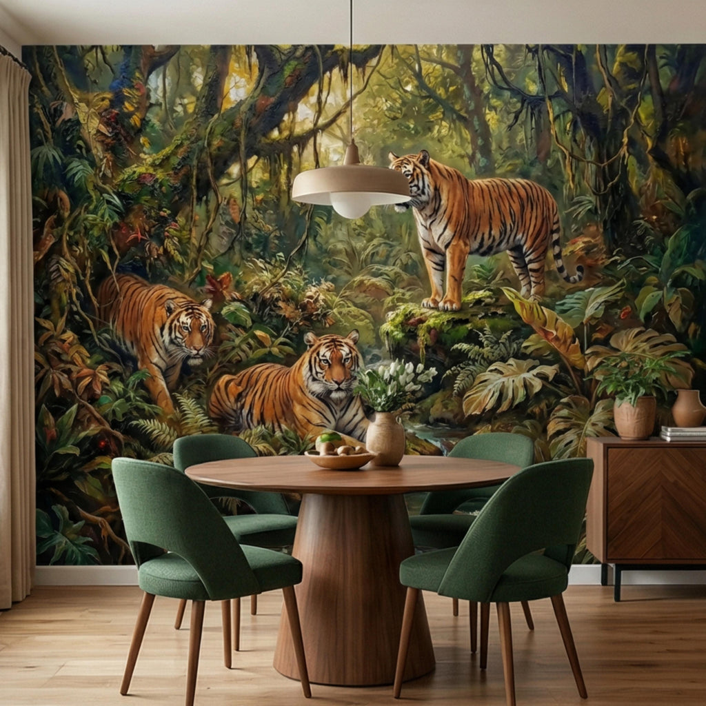 Majestic Jungle Tigers Peel and Stick Wall Mural, Lush Tropical Rainforest Wildlife Wallpaper, Dramatic Exotic Nature Wall Decor