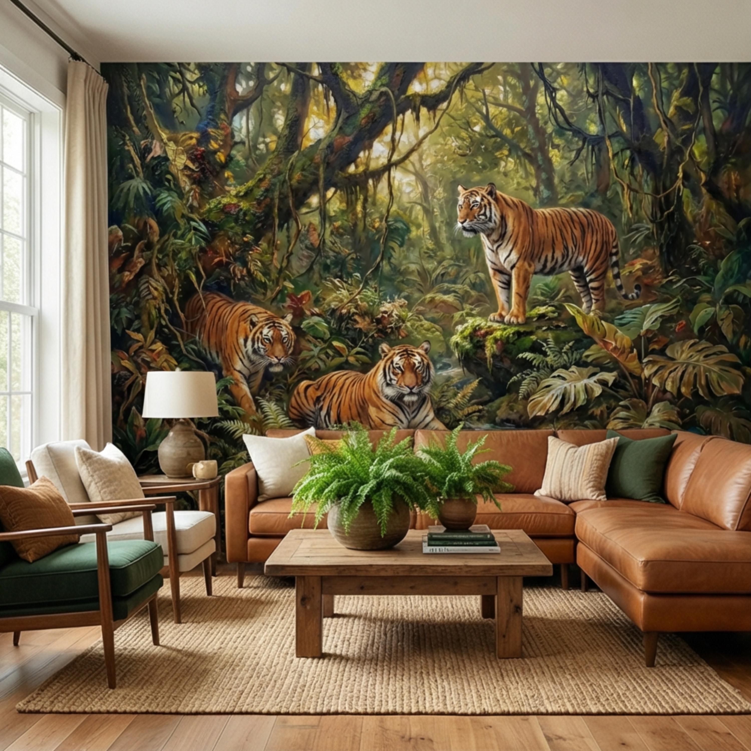 Majestic Jungle Tigers Peel and Stick Wall Mural, Lush Tropical Rainforest Wildlife Wallpaper, Dramatic Exotic Nature Wall Decor