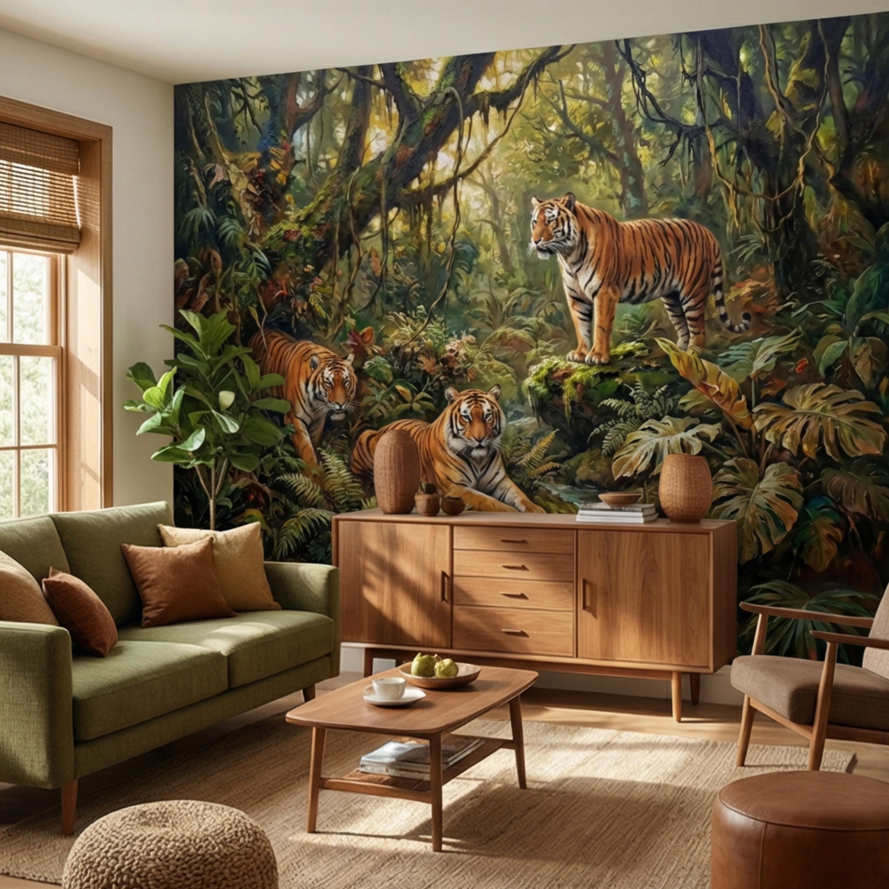 Majestic Jungle Tigers Peel and Stick Wall Mural, Lush Tropical Rainforest Wildlife Wallpaper, Dramatic Exotic Nature Wall Decor