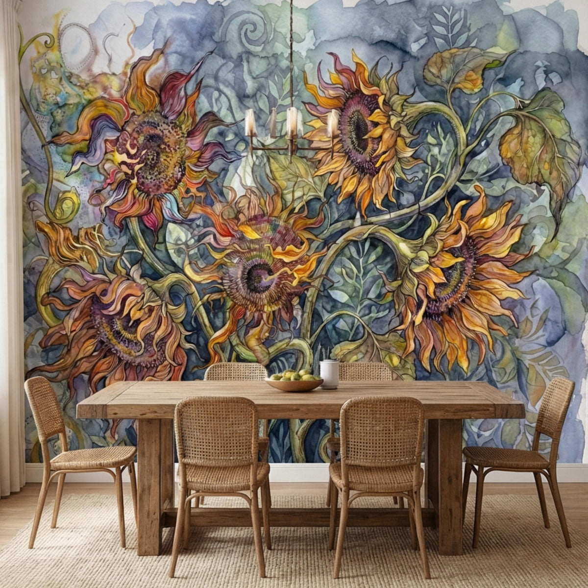 Sunflower watercolor wall mural featuring layered petals, stems, and green leaves