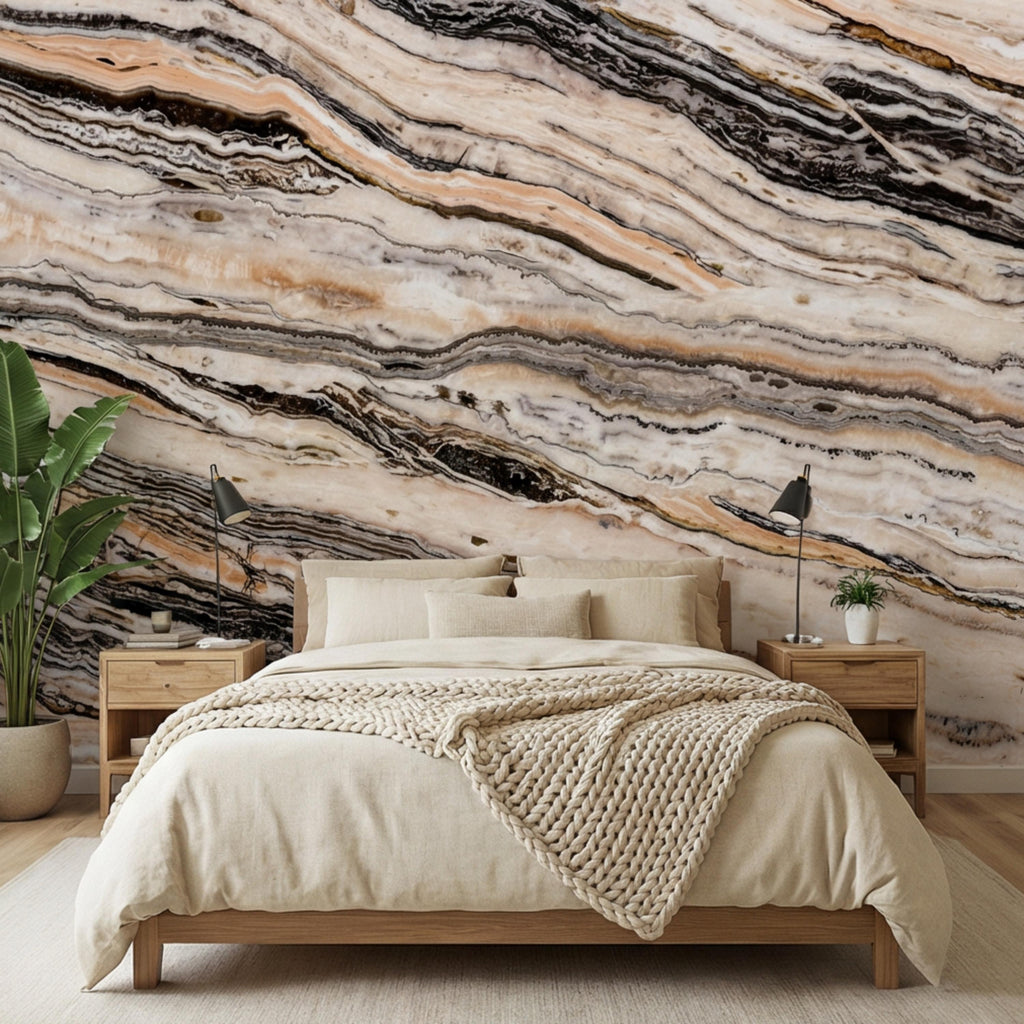 Luxury Marble Texture Peel and Stick Wall Mural, Neutral Beige and Black Stone Vein Wallpaper, Modern Abstract Onyx Effect Wall Decor