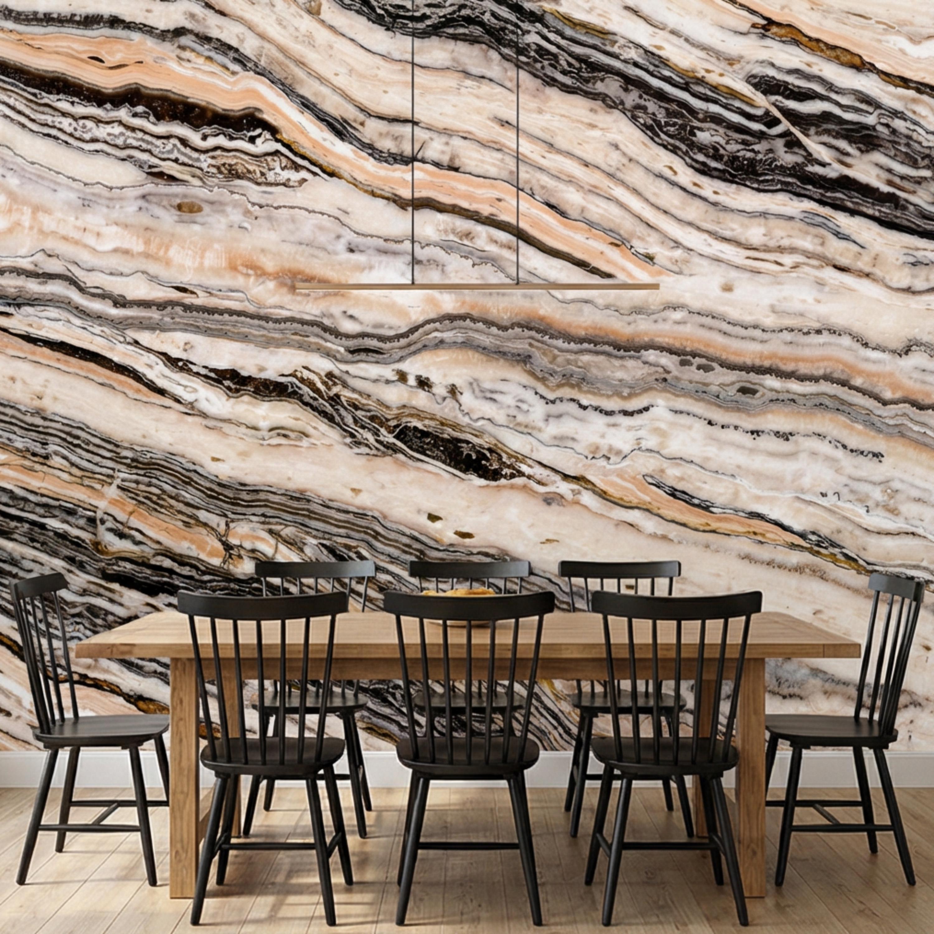 Luxury Marble Texture Peel and Stick Wall Mural, Neutral Beige and Black Stone Vein Wallpaper, Modern Abstract Onyx Effect Wall Decor
