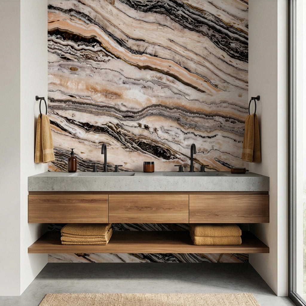 Luxury Marble Texture Peel and Stick Wall Mural, Neutral Beige and Black Stone Vein Wallpaper, Modern Abstract Onyx Effect Wall Decor