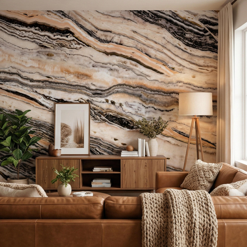 Luxury Marble Texture Peel and Stick Wall Mural, Neutral Beige and Black Stone Vein Wallpaper, Modern Abstract Onyx Effect Wall Decor