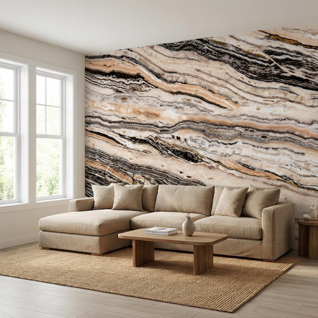 Luxury Marble Texture Peel and Stick Wall Mural, Neutral Beige and Black Stone Vein Wallpaper, Modern Abstract Onyx Effect Wall Decor