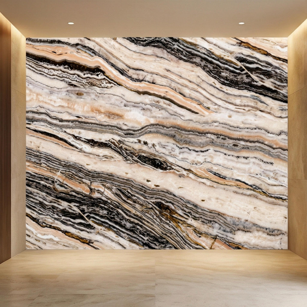 Luxury Marble Texture Peel and Stick Wall Mural, Neutral Beige and Black Stone Vein Wallpaper, Modern Abstract Onyx Effect Wall Decor