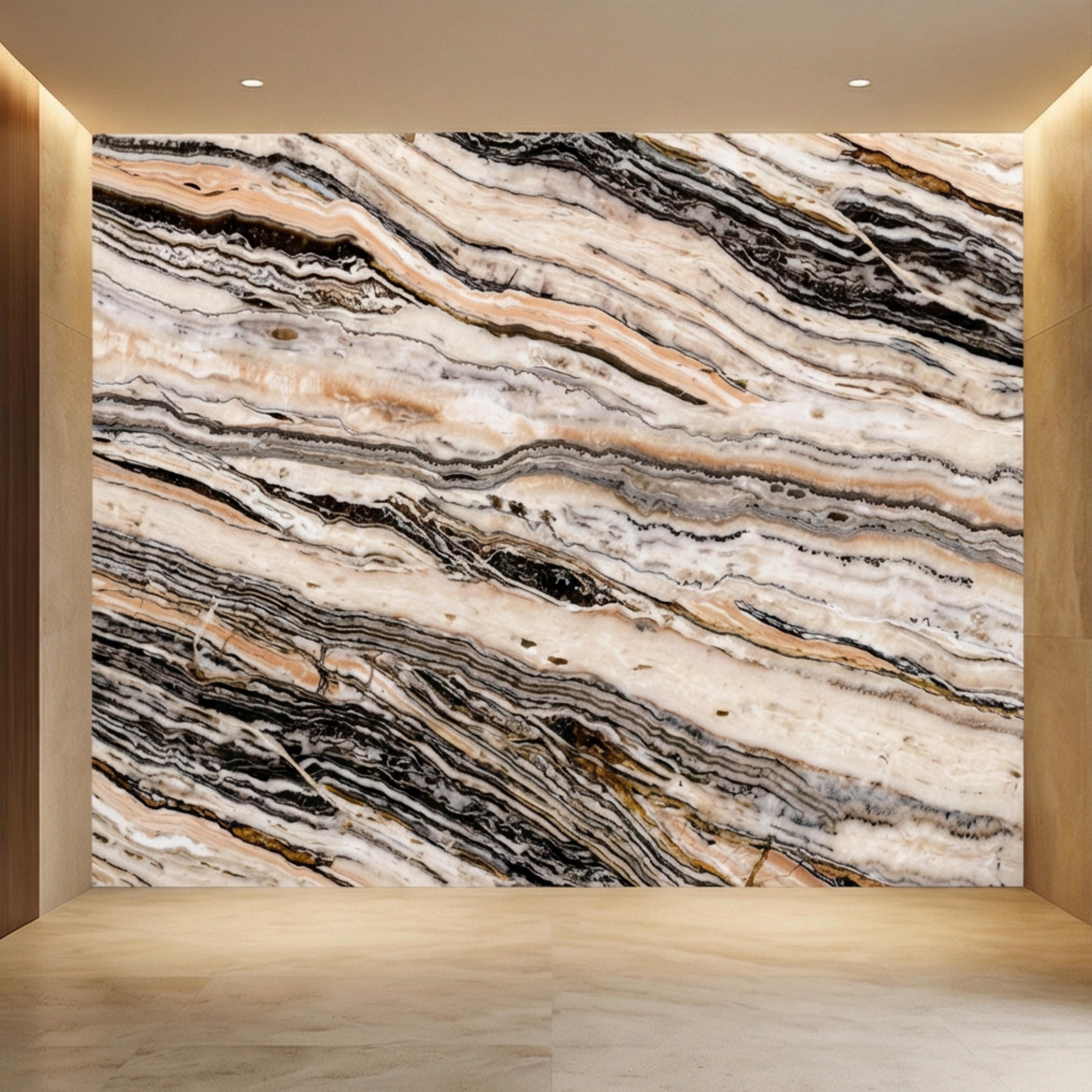 Luxury Marble Texture Peel and Stick Wall Mural, Neutral Beige and Black Stone Vein Wallpaper, Modern Abstract Onyx Effect Wall Decor