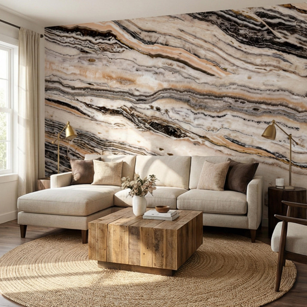 Luxury Marble Texture Peel and Stick Wall Mural, Neutral Beige and Black Stone Vein Wallpaper, Modern Abstract Onyx Effect Wall Decor