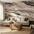 Luxury Marble Texture Peel and Stick Wall Mural, Neutral Beige and Black Stone Vein Wallpaper, Modern Abstract Onyx Effect Wall Decor