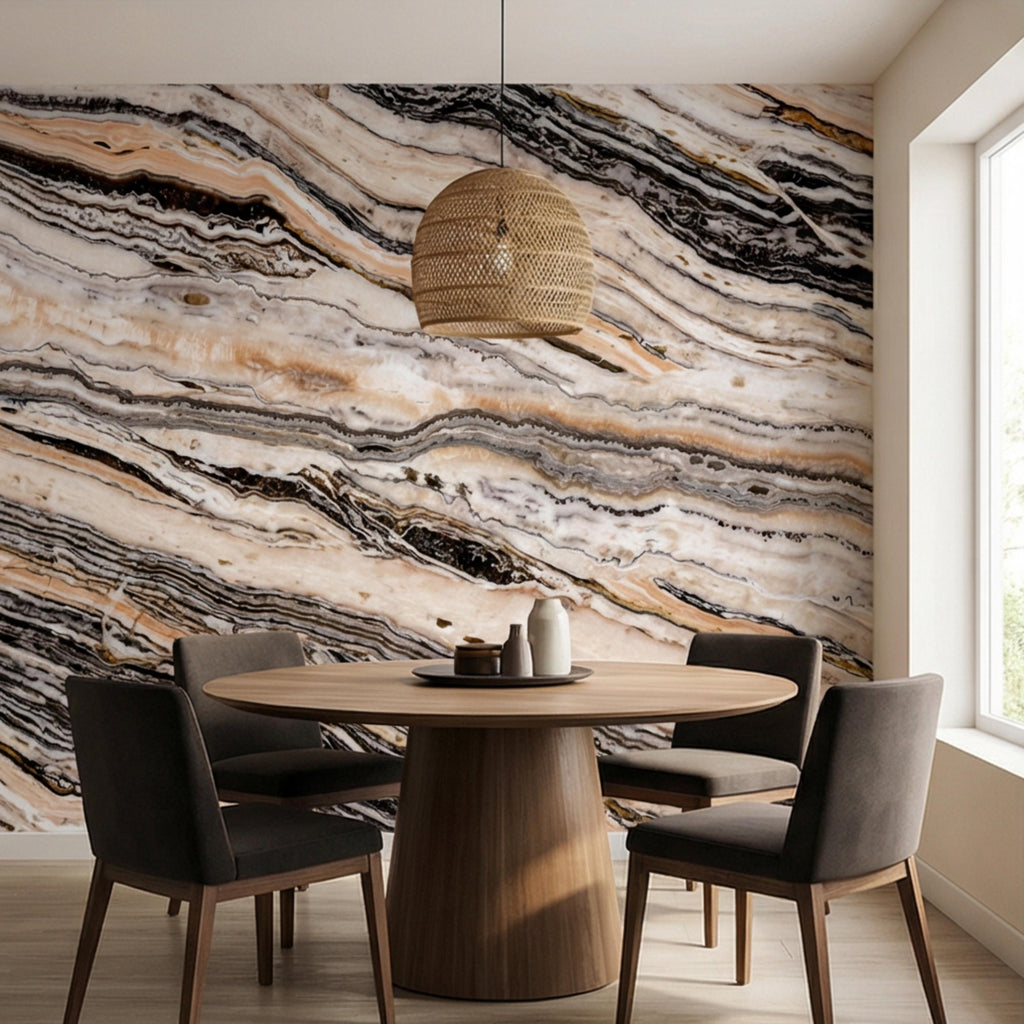 Luxury Marble Texture Peel and Stick Wall Mural, Neutral Beige and Black Stone Vein Wallpaper, Modern Abstract Onyx Effect Wall Decor