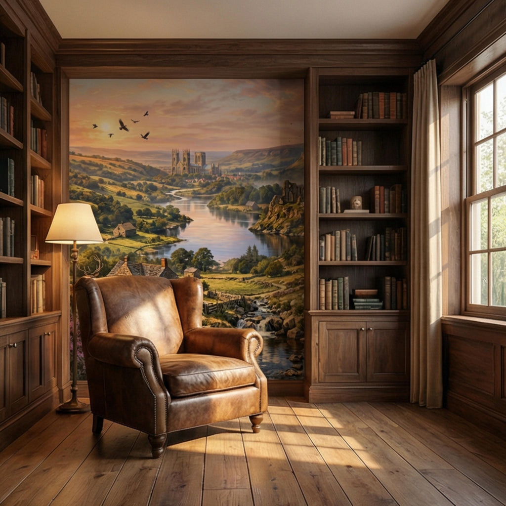English Countryside Peel and Stick Wall Mural, Abbey Ruins River Valley Heather Moor Landscape Wallpaper