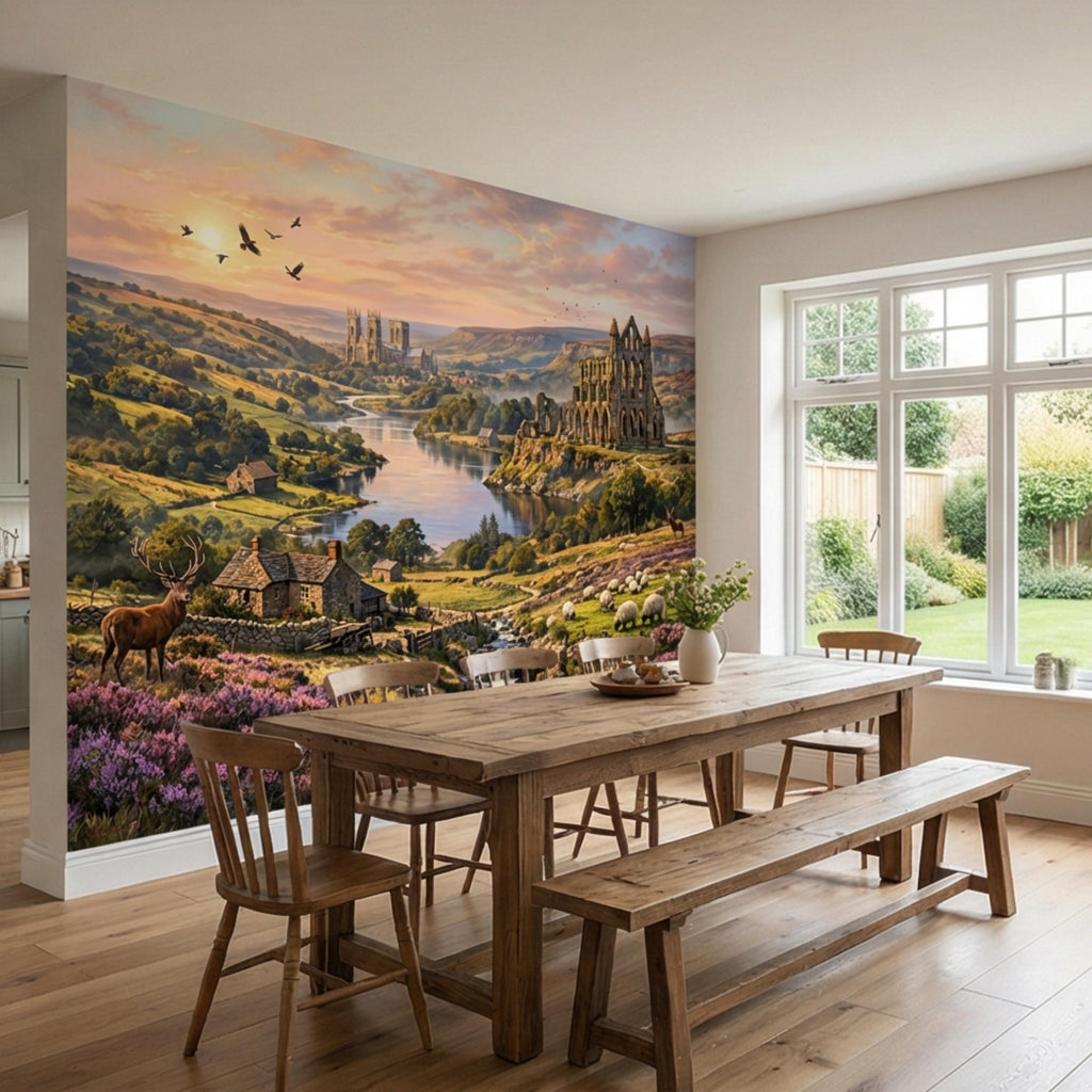 English Countryside Peel and Stick Wall Mural, Abbey Ruins River Valley Heather Moor Landscape Wallpaper