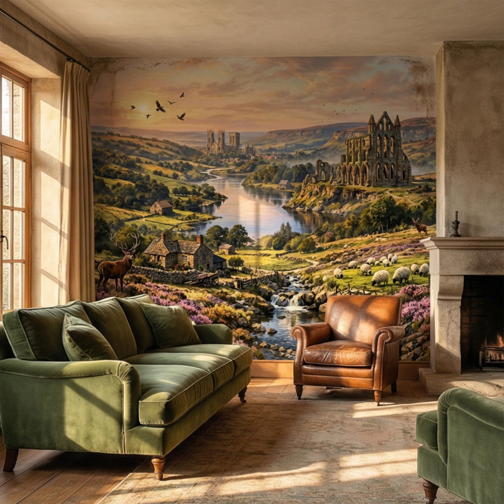 English Countryside Peel and Stick Wall Mural, Abbey Ruins River Valley Heather Moor Landscape Wallpaper