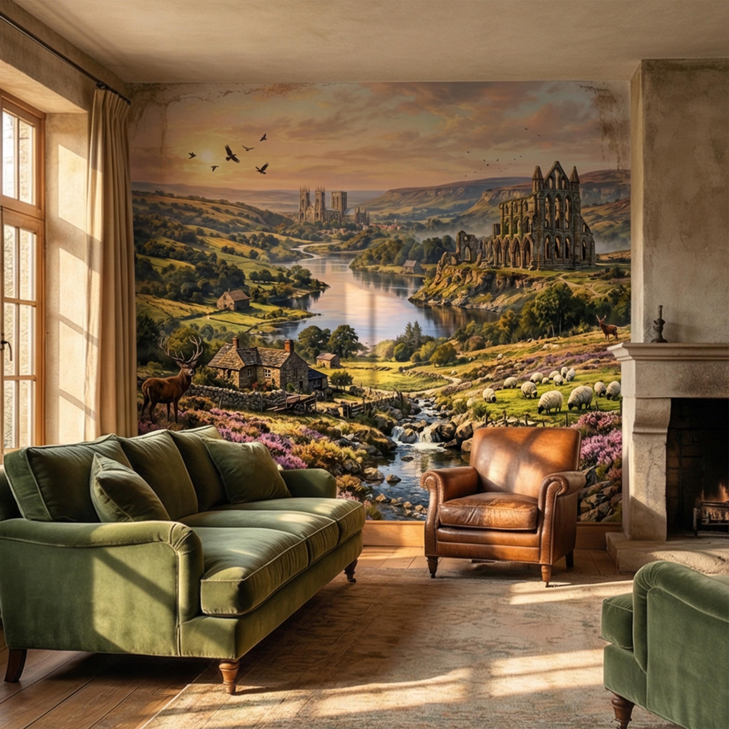English Countryside Peel and Stick Wall Mural, Abbey Ruins River Valley Heather Moor Landscape Wallpaper