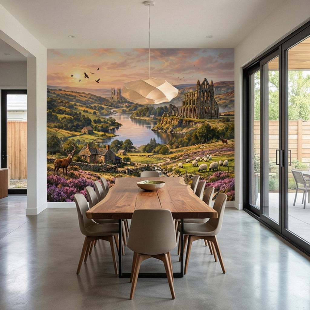 English Countryside Peel and Stick Wall Mural, Abbey Ruins River Valley Heather Moor Landscape Wallpaper