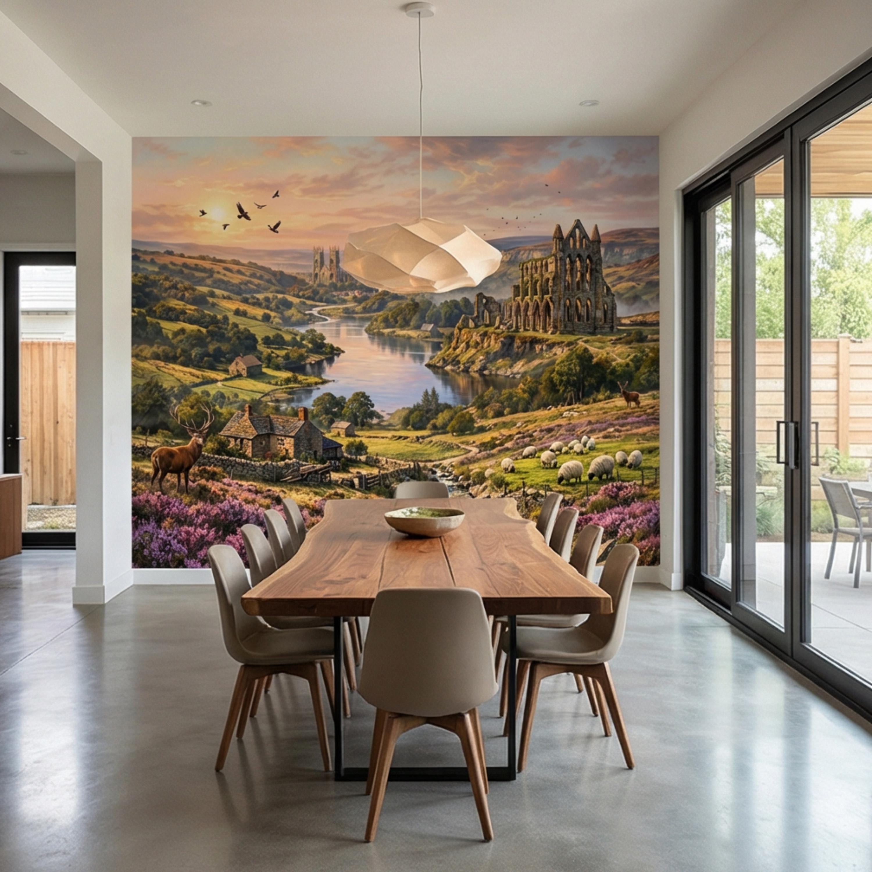 English Countryside Peel and Stick Wall Mural, Abbey Ruins River Valley Heather Moor Landscape Wallpaper