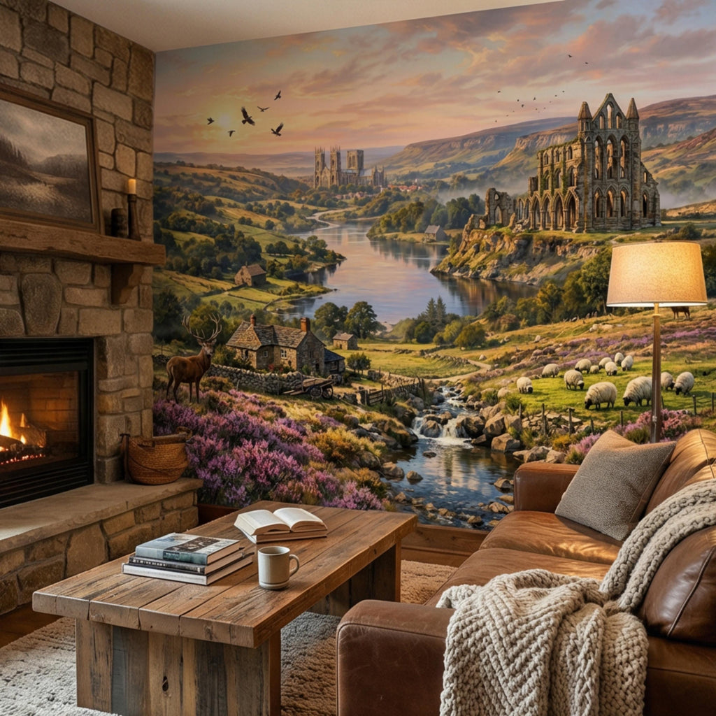 English Countryside Peel and Stick Wall Mural, Abbey Ruins River Valley Heather Moor Landscape Wallpaper