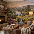 English Countryside Peel and Stick Wall Mural, Abbey Ruins River Valley Heather Moor Landscape Wallpaper