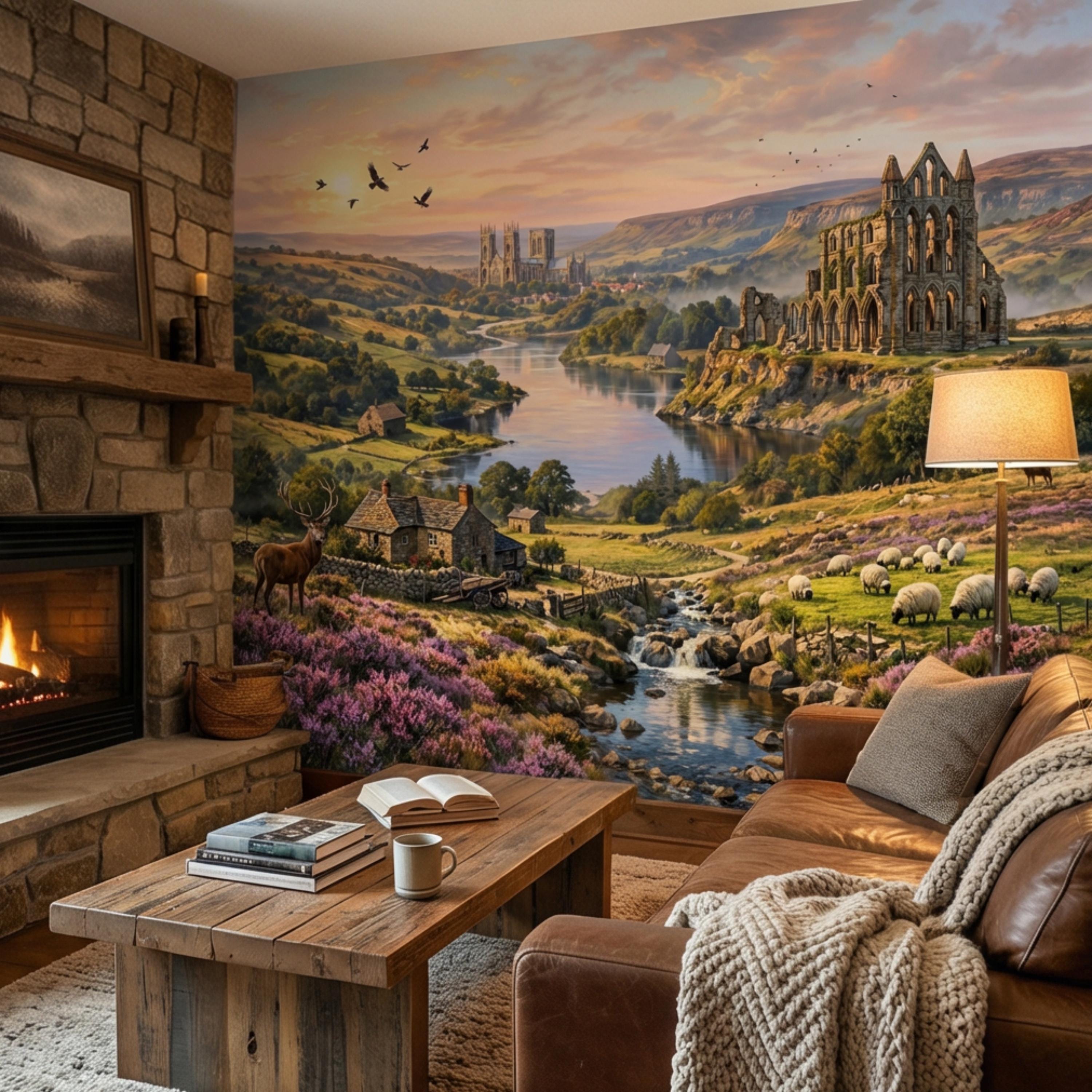 English Countryside Peel and Stick Wall Mural, Abbey Ruins River Valley Heather Moor Landscape Wallpaper