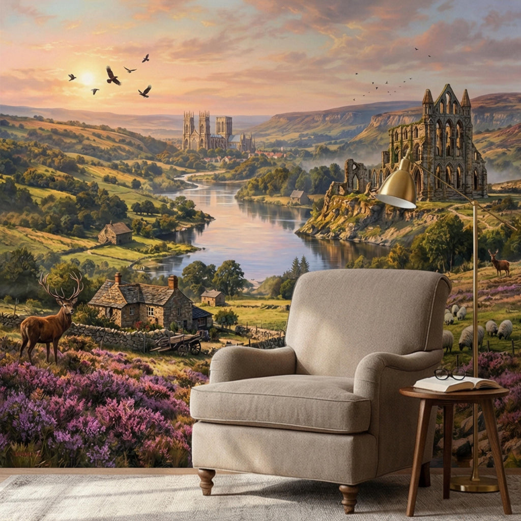 English Countryside Peel and Stick Wall Mural, Abbey Ruins River Valley Heather Moor Landscape Wallpaper