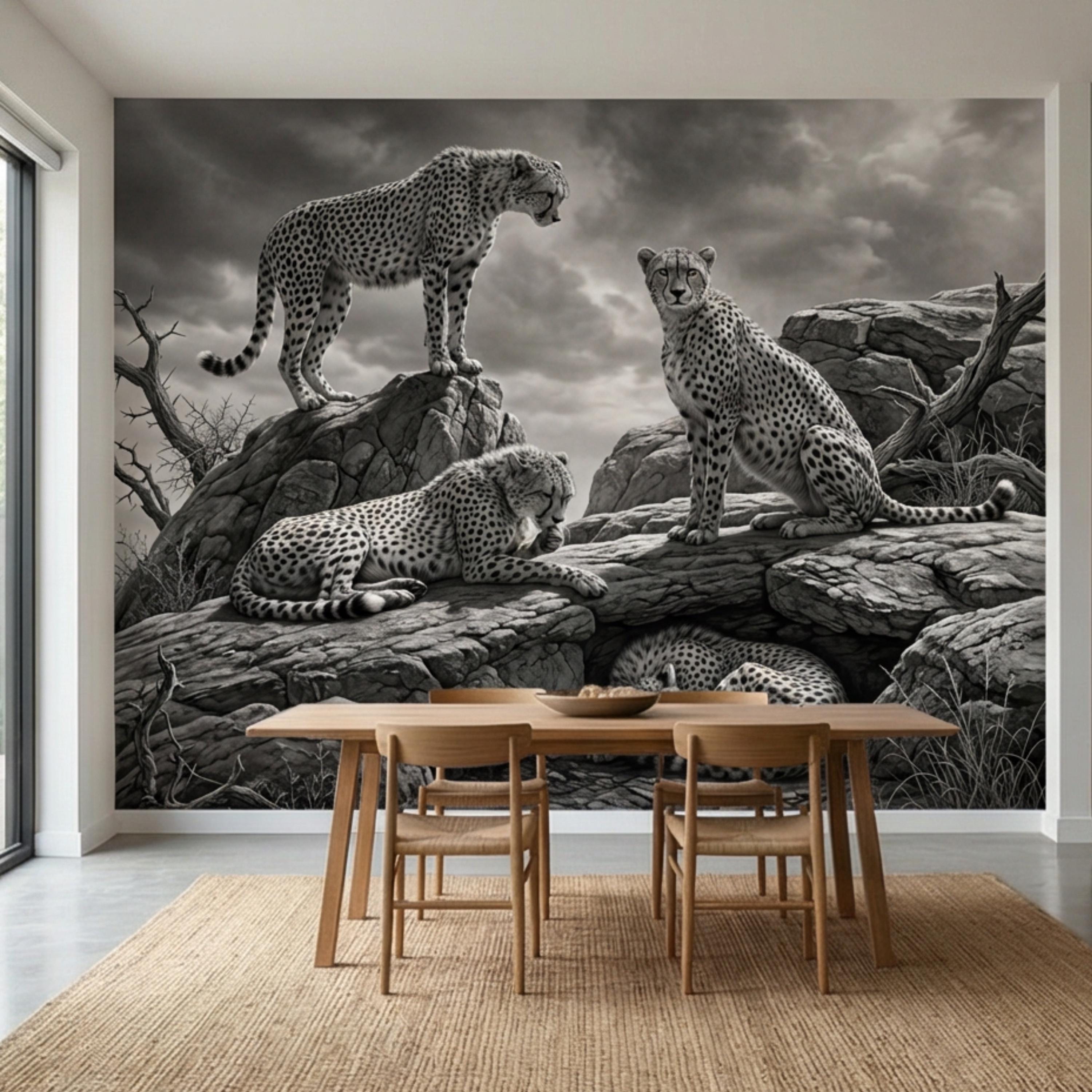 Majestic Cheetah Family Peel and Stick Wall Mural, Black and White Safari Wildlife Wallpaper, Dramatic African Animal Nature Wall Decor