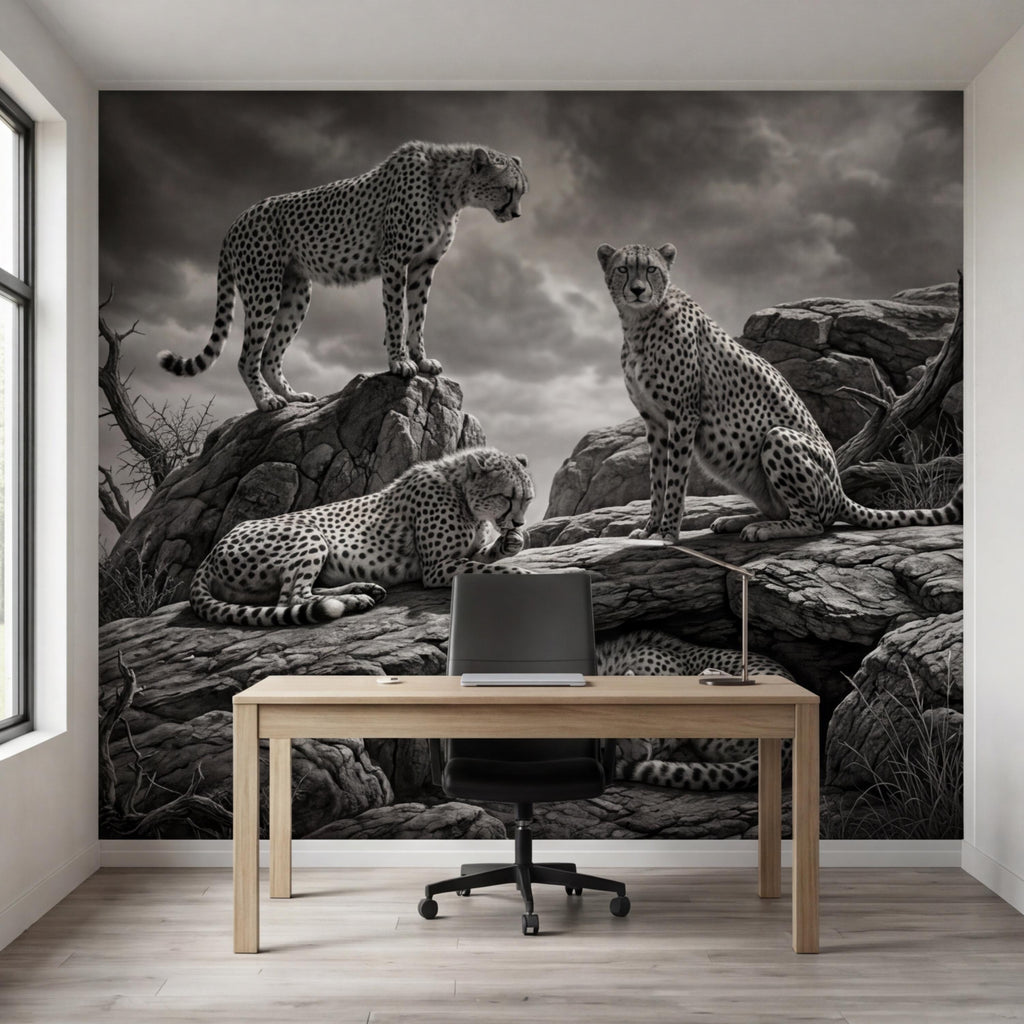 Majestic Cheetah Family Peel and Stick Wall Mural, Black and White Safari Wildlife Wallpaper, Dramatic African Animal Nature Wall Decor