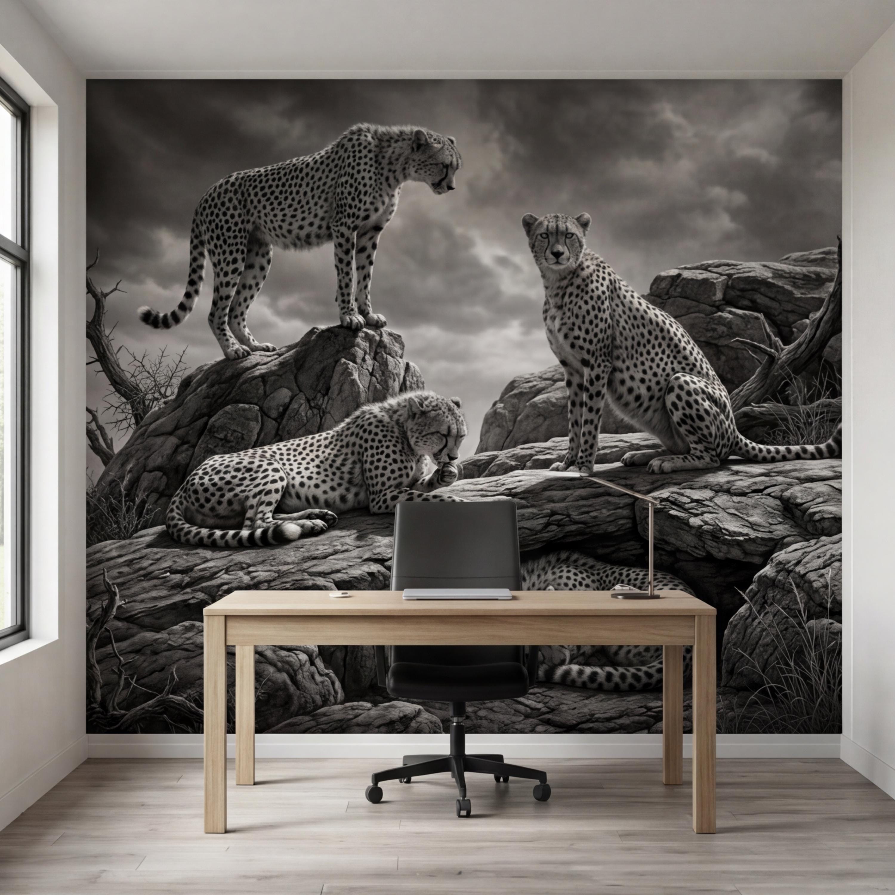 Majestic Cheetah Family Peel and Stick Wall Mural, Black and White Safari Wildlife Wallpaper, Dramatic African Animal Nature Wall Decor