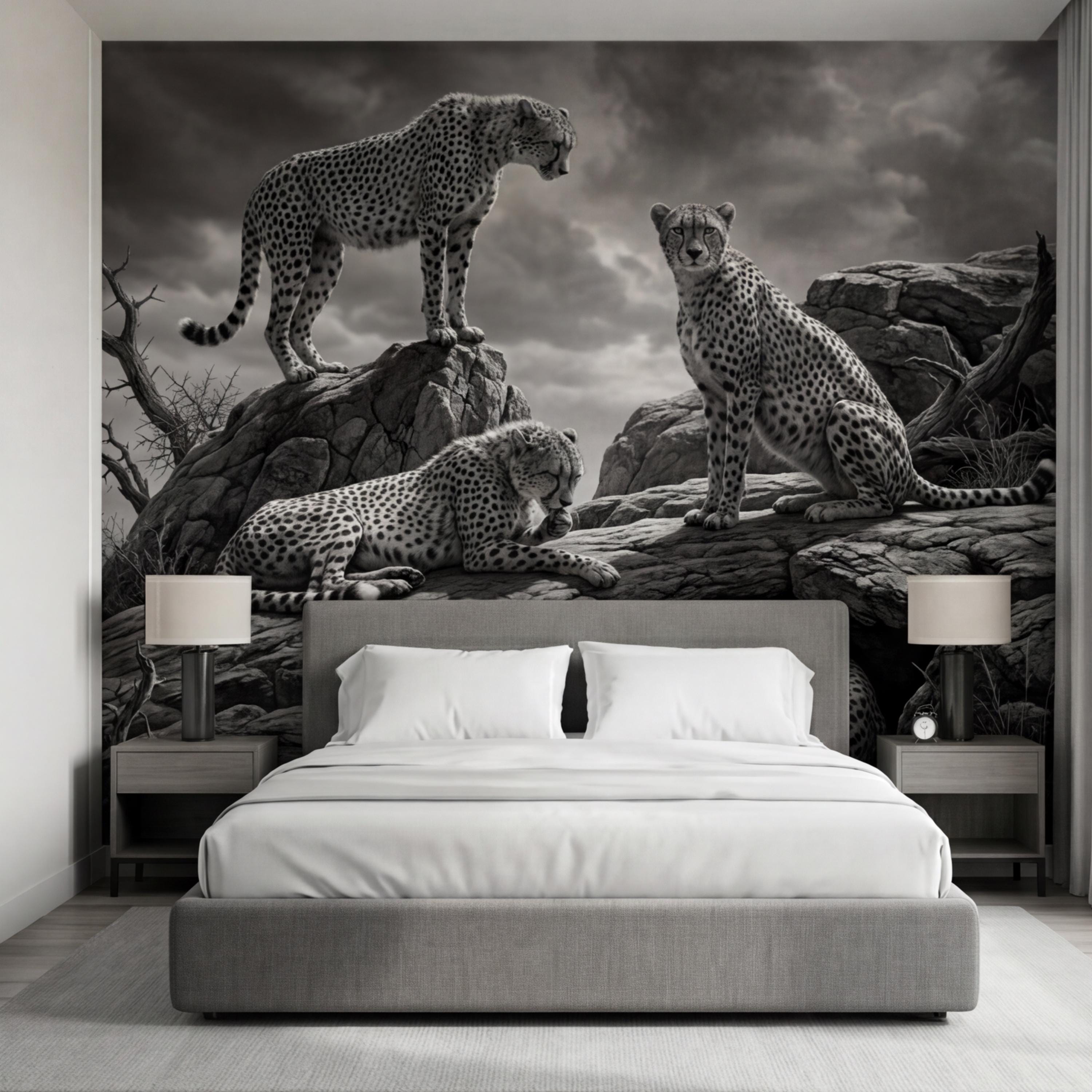 Majestic Cheetah Family Peel and Stick Wall Mural, Black and White Safari Wildlife Wallpaper, Dramatic African Animal Nature Wall Decor