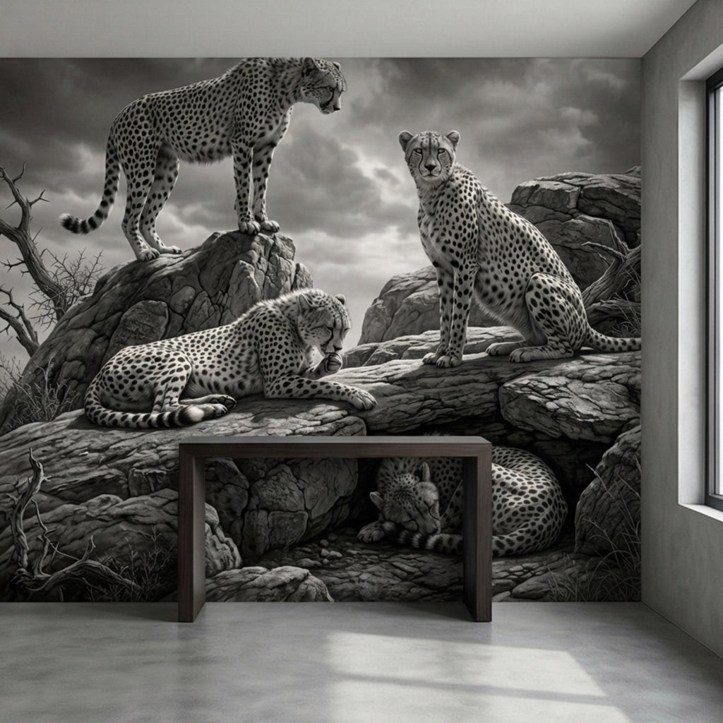 Majestic Cheetah Family Peel and Stick Wall Mural, Black and White Safari Wildlife Wallpaper, Dramatic African Animal Nature Wall Decor