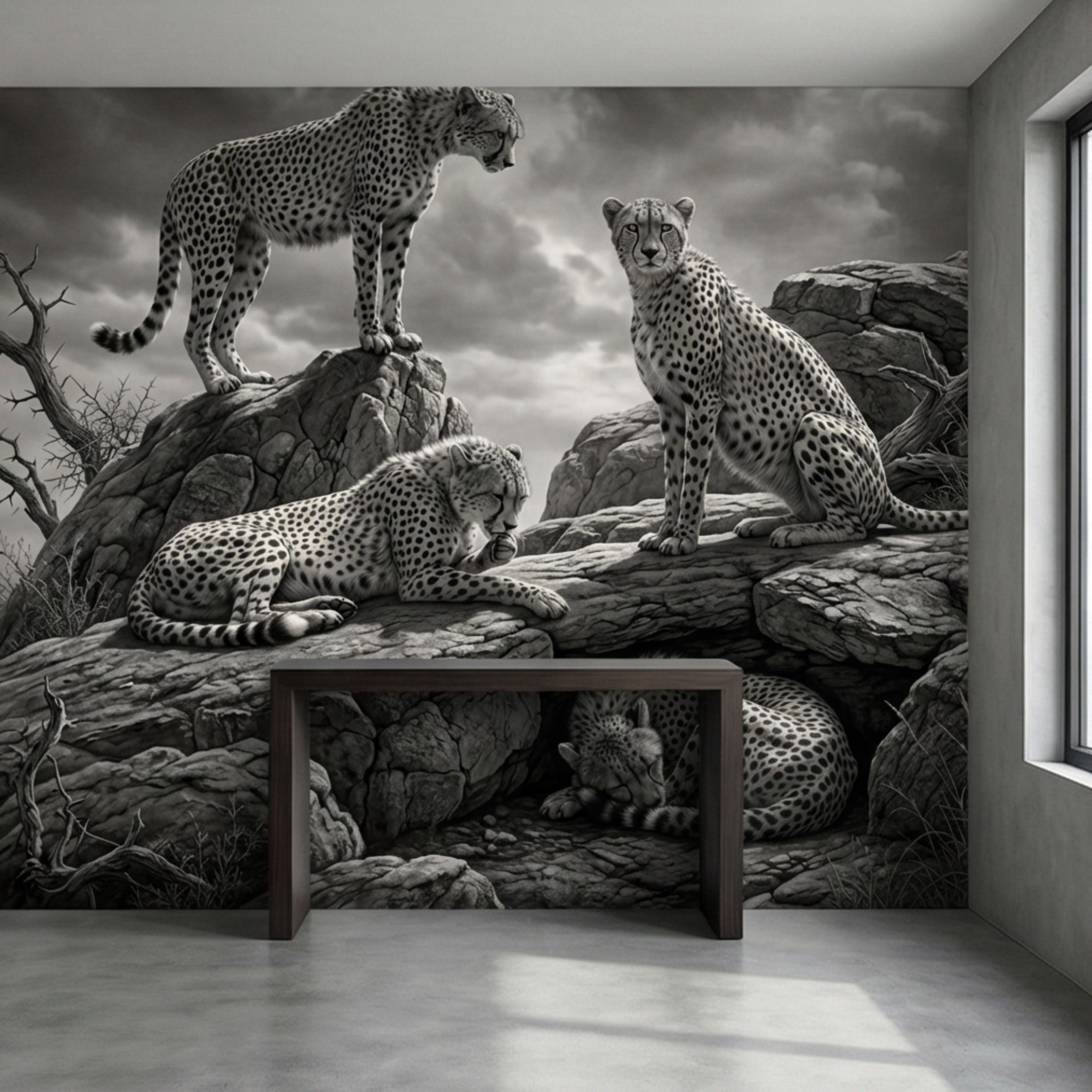 Majestic Cheetah Family Peel and Stick Wall Mural, Black and White Safari Wildlife Wallpaper, Dramatic African Animal Nature Wall Decor