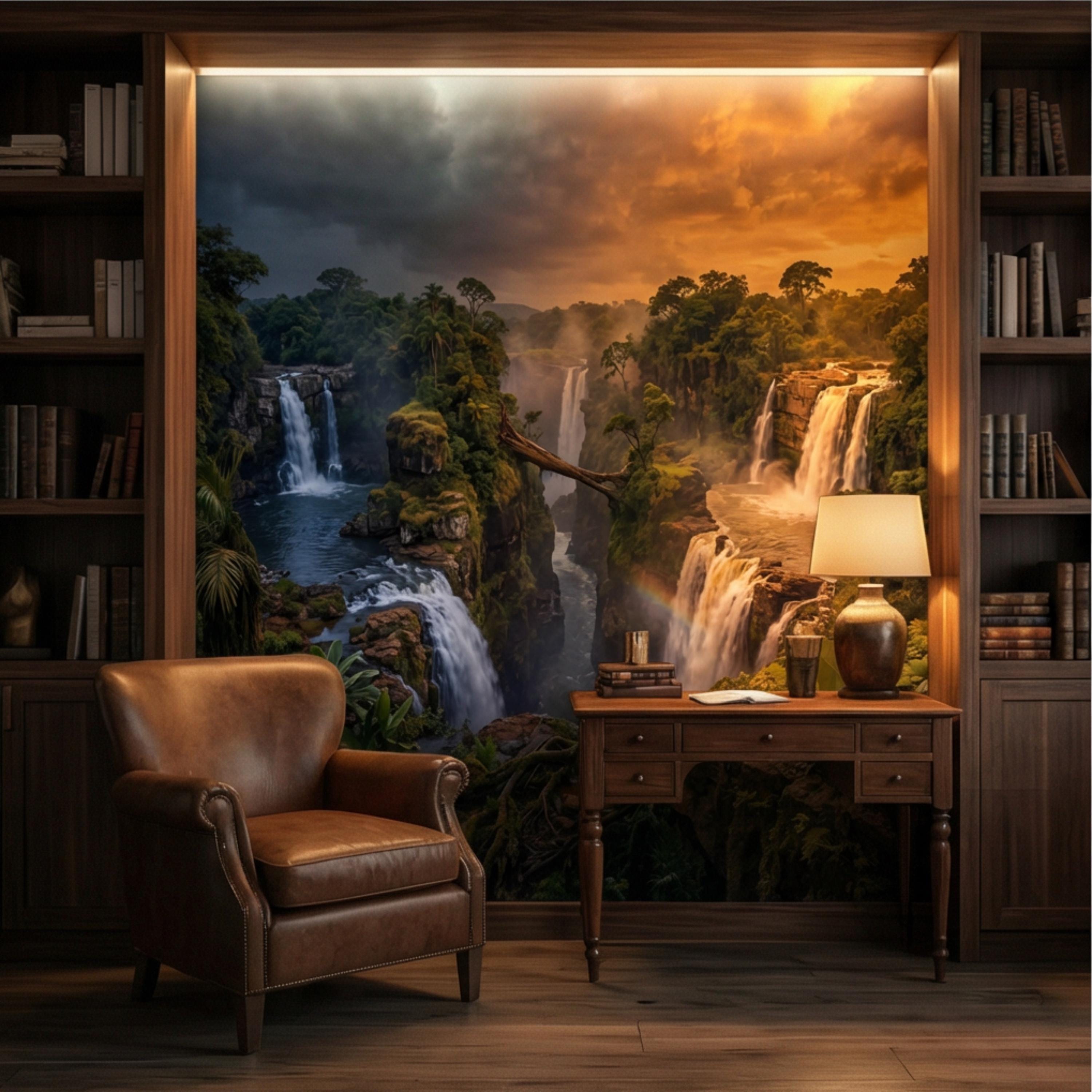 Epic Jungle Canyon Waterfall Sunset Peel and Stick Wall Mural, Dramatic Tropical Landscape Wallpaper