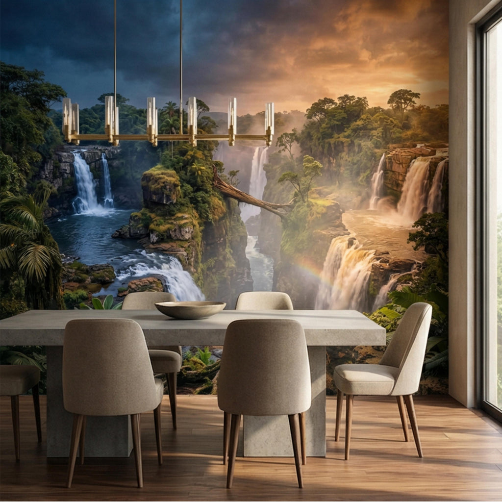 Epic Jungle Canyon Waterfall Sunset Peel and Stick Wall Mural, Dramatic Tropical Landscape Wallpaper