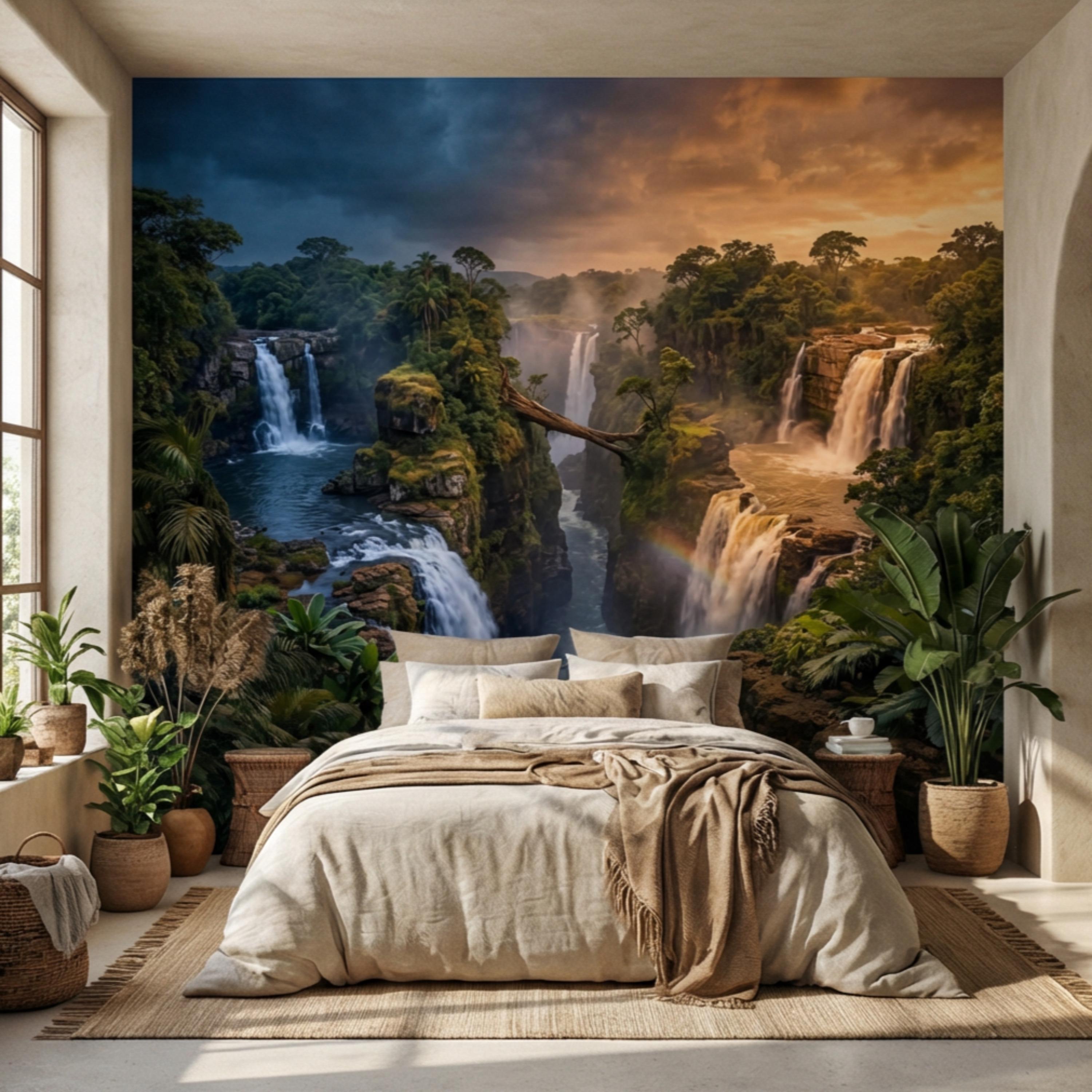 Epic Jungle Canyon Waterfall Sunset Peel and Stick Wall Mural, Dramatic Tropical Landscape Wallpaper