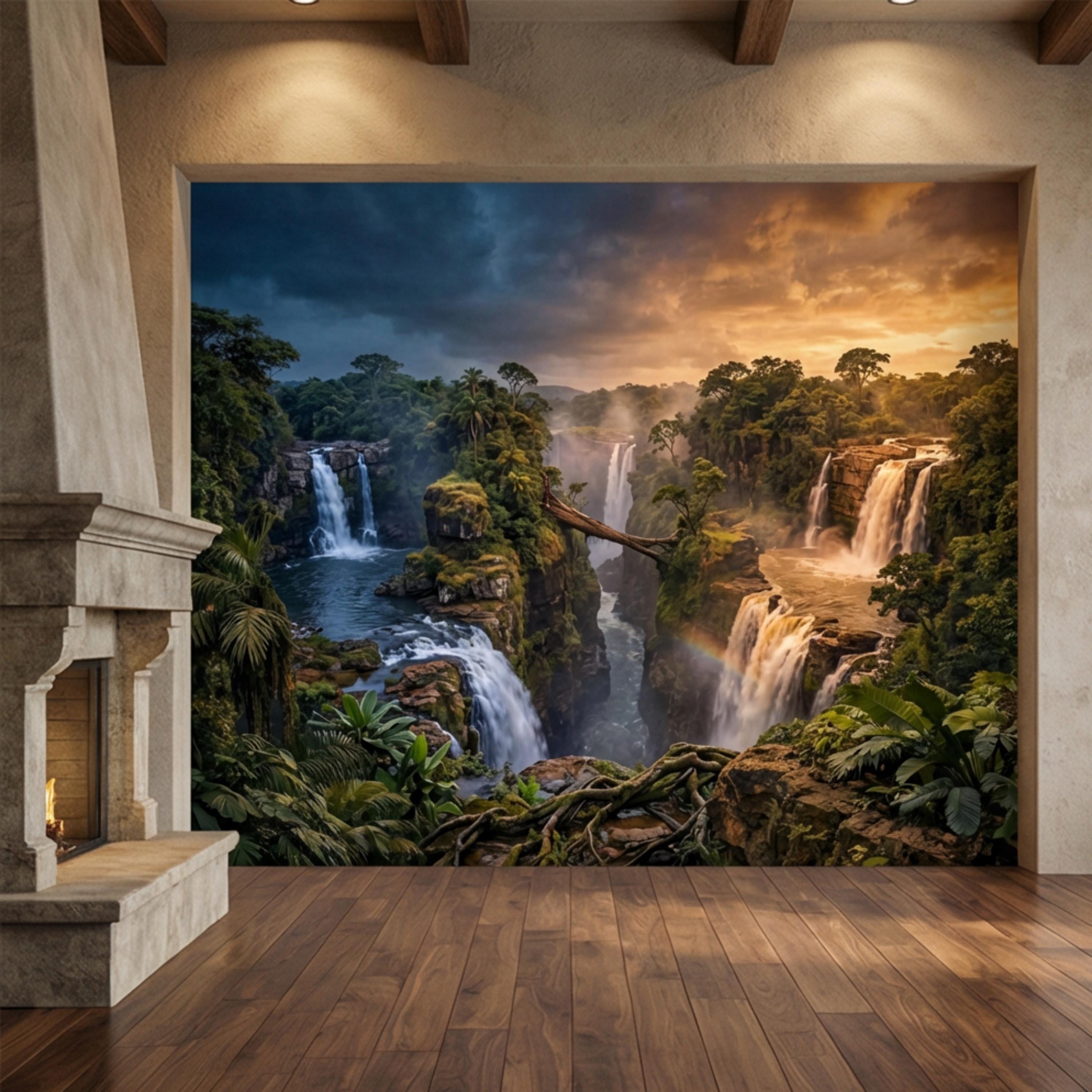 Epic Jungle Canyon Waterfall Sunset Peel and Stick Wall Mural, Dramatic Tropical Landscape Wallpaper