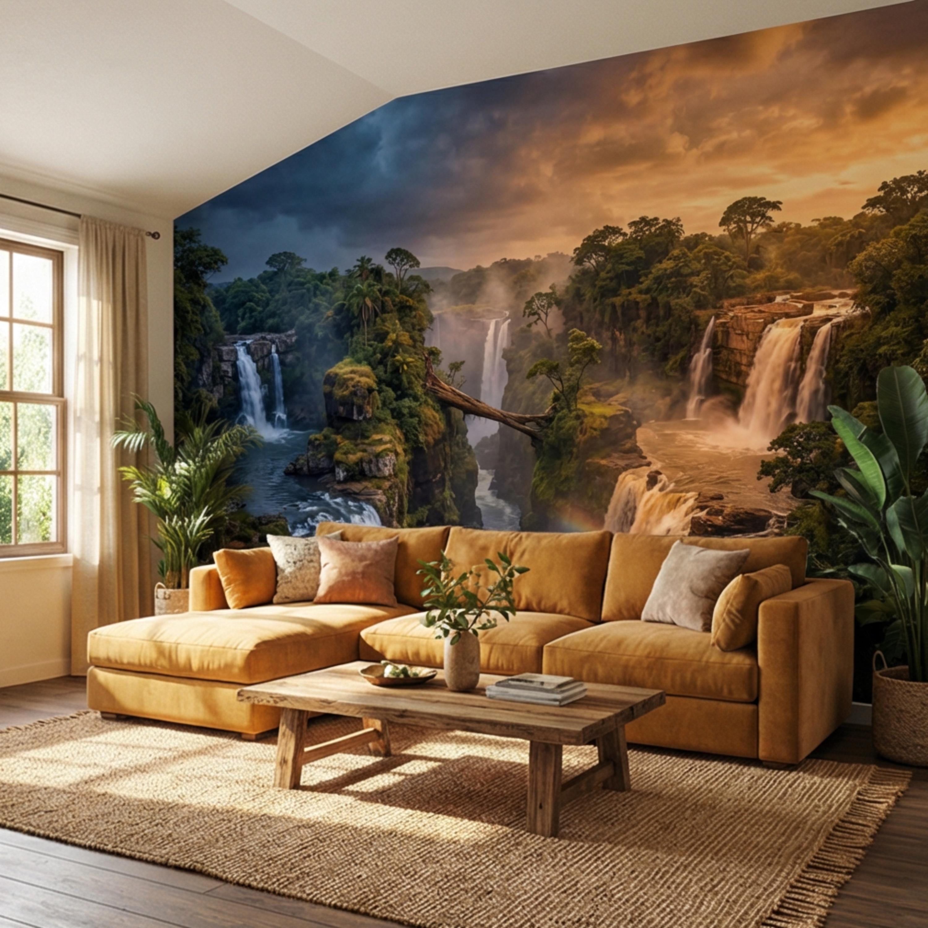 Epic Jungle Canyon Waterfall Sunset Peel and Stick Wall Mural, Dramatic Tropical Landscape Wallpaper