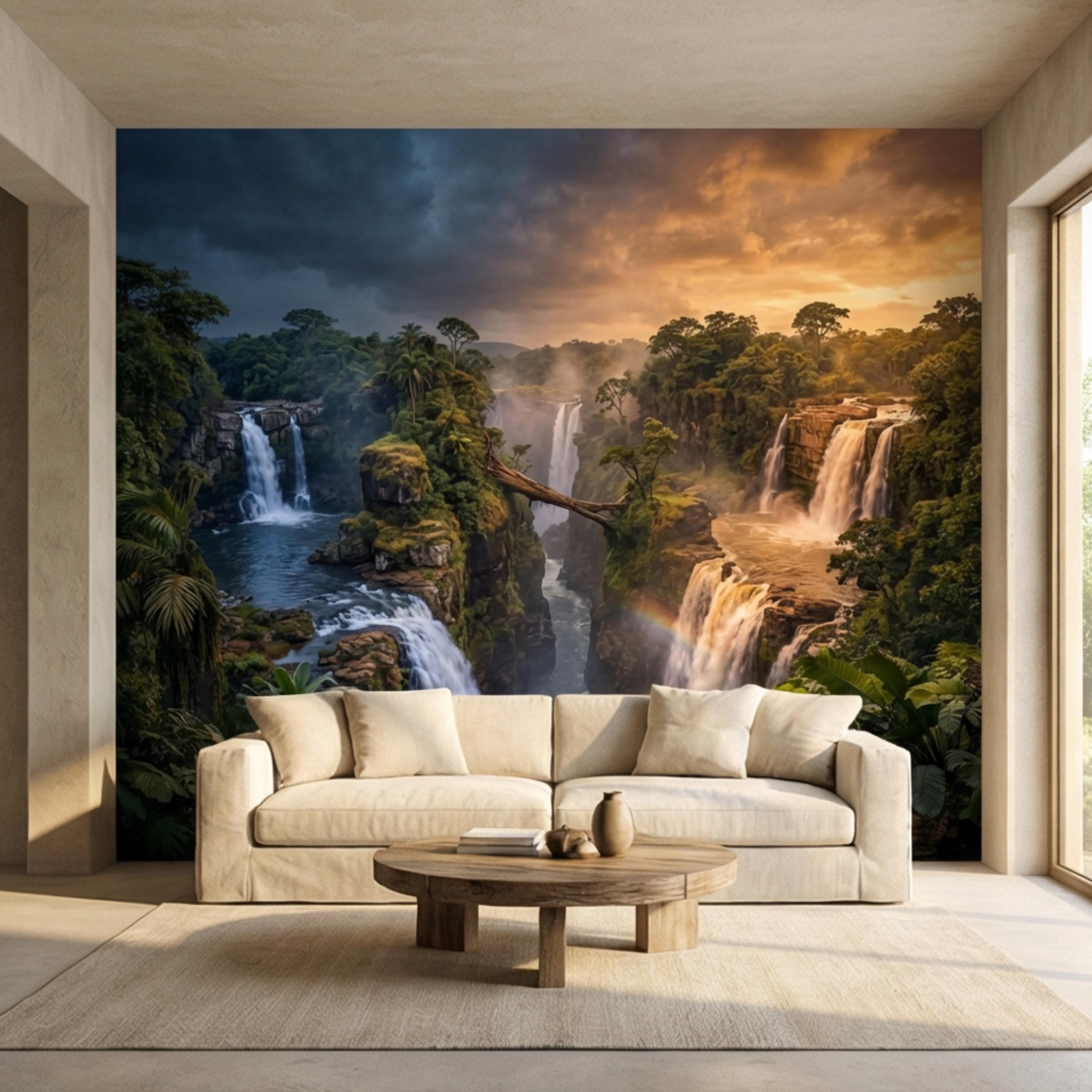 Epic Jungle Canyon Waterfall Sunset Peel and Stick Wall Mural, Dramatic Tropical Landscape Wallpaper